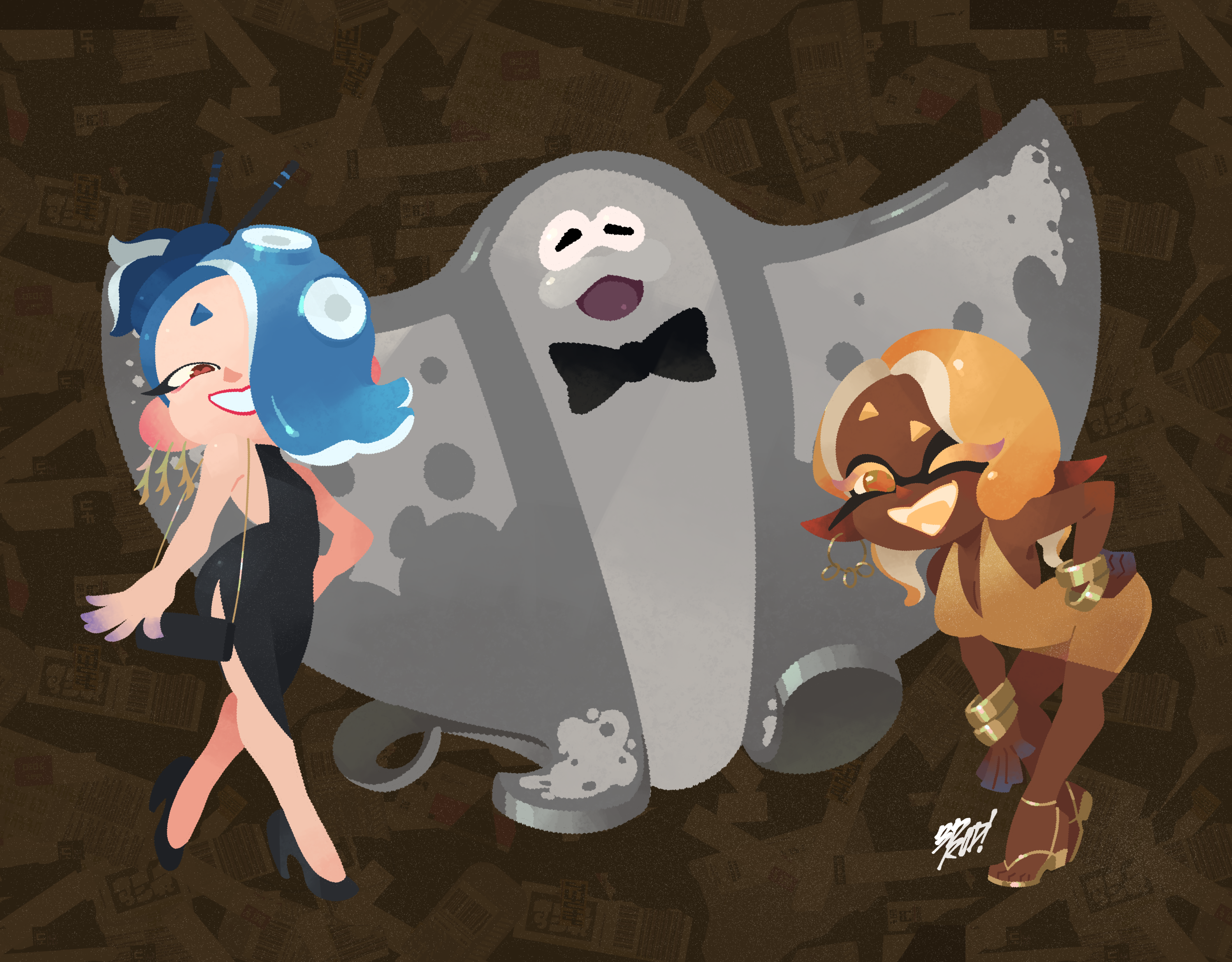 3d rod!, big man (splatoon), frye (splatoon), shiver (splatoon), nintendo, splatoon (series), splatoon 3, absurdres, commentary, english commentary, highres, 2girls, bag, bent over, black dress, blonde hair, blue hair, bow, bowtie, bracelet, breasts, colored fingertips, dark-skinned female, dark skin, dress, earrings, fangs, gold bracelet, gold dress, hair over one eye, hand on own hip, handbag, high heels, inkling, jewelry, manta ray, multiple bracelets, multiple earrings, multiple girls, octoling, one eye closed, open mouth, pointy ears, red eyes, red lips, short dress, side slit, smile, tentacle hair, yellow eyes