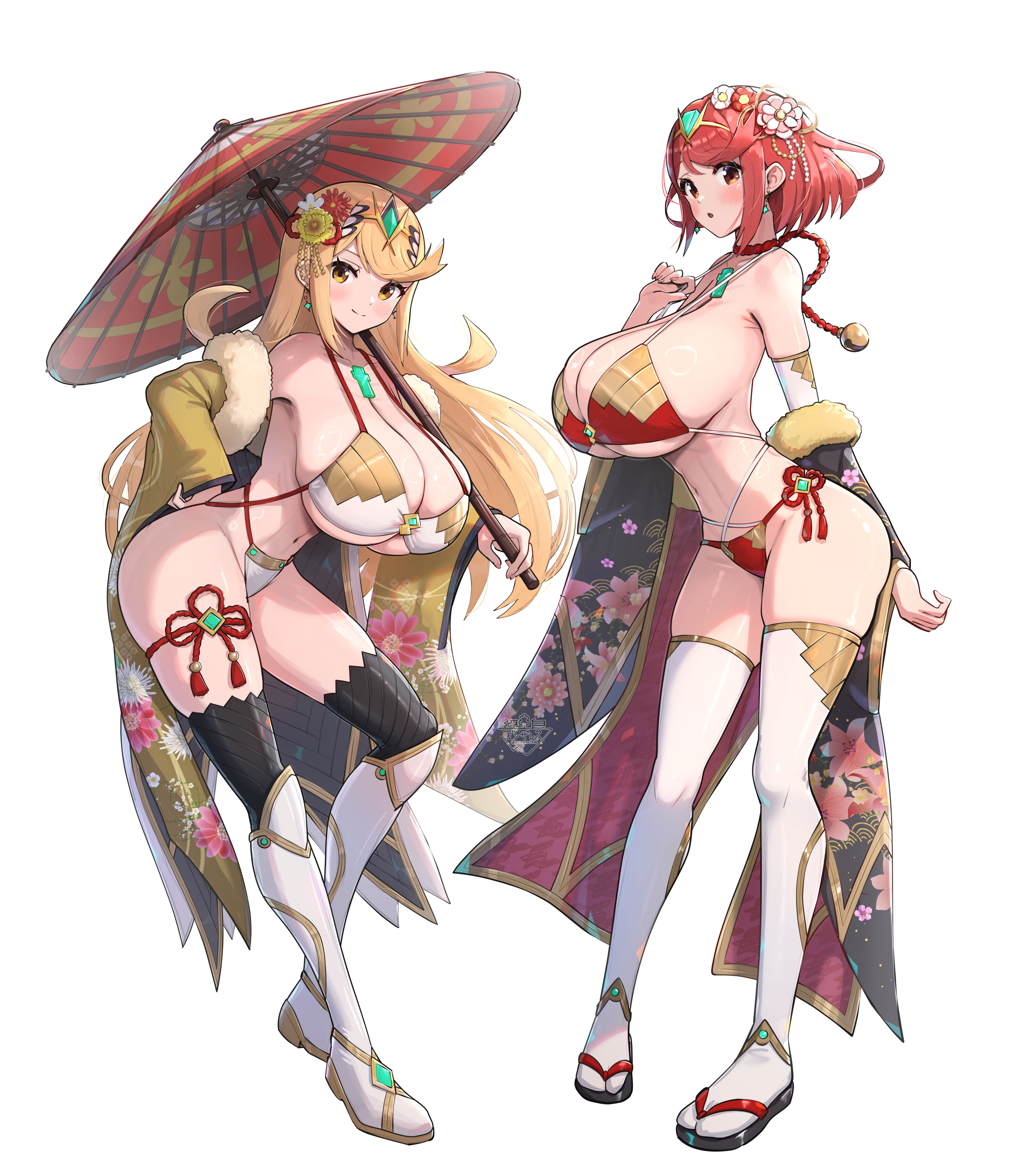 gonzarez, mythra (xenoblade), pyra (xenoblade), xenoblade chronicles (series), xenoblade chronicles 2, absurdres, highres, 2girls, alternate costume, bare shoulders, bikini, black sleeves, black thighhighs, blonde hair, breasts, chest jewel, circlet, core crystal (xenoblade), cowboy shot, from side, full body, grey background, holding, holding umbrella, huge breasts, japanese clothes, kimono, long hair, looking at viewer, multiple girls, oil-paper umbrella, red bikini, red eyes, red hair, rope, shimenawa, short hair, sideless dress, simple background, smile, snowing, solo, swimsuit, thighhighs, tiara, umbrella, very long hair, white background, wide sleeves, yellow eyes