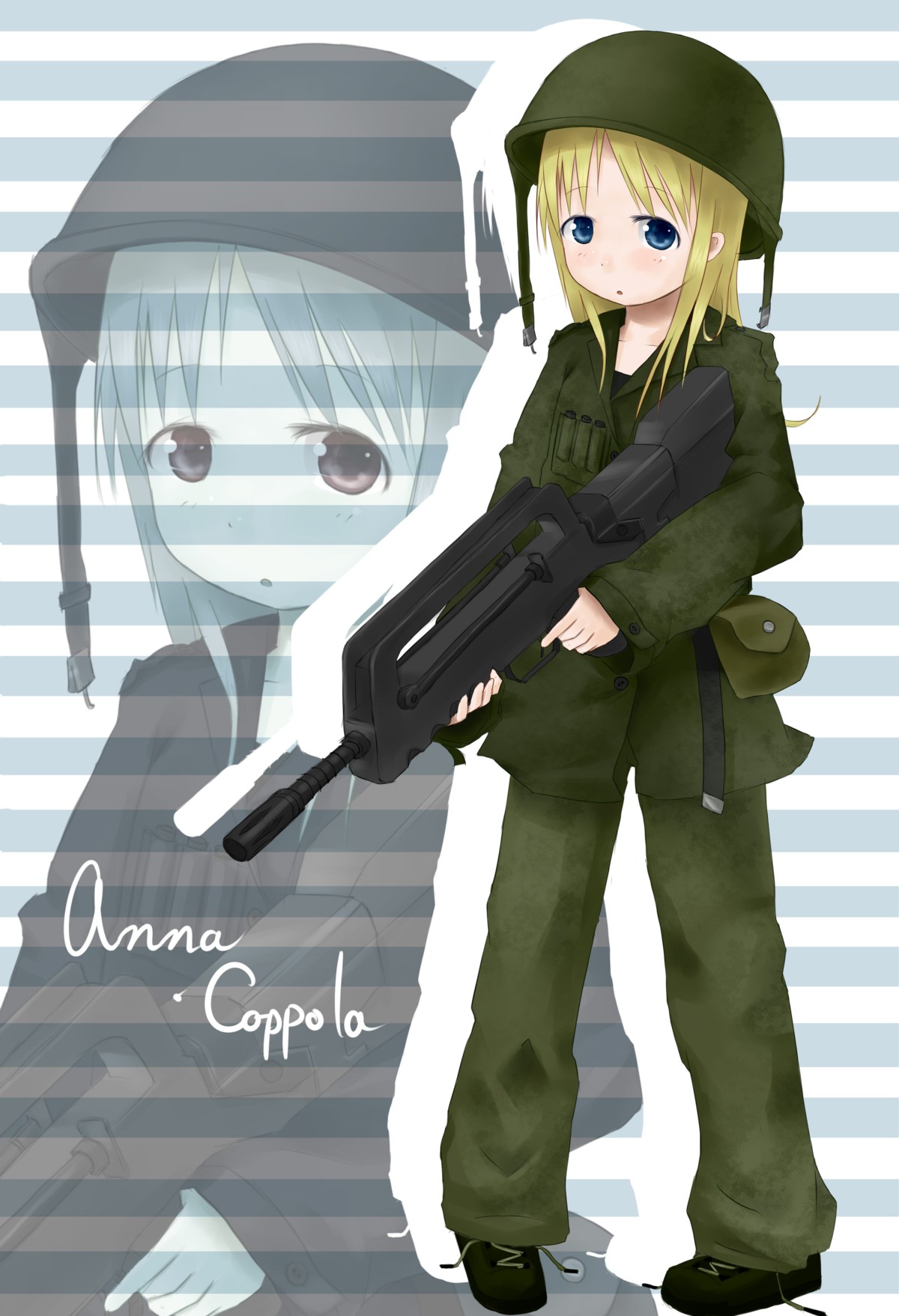 tsukumizu, ana coppola, ichigo mashimaro, bad id, bad pixiv id, highres, 1girl, :o, assault rifle, blonde hair, blue eyes, bullpup, child, famas, female focus, gun, helmet, left-handed, military, military uniform, pigeon-toed, rifle, solo, weapon, zoom layer