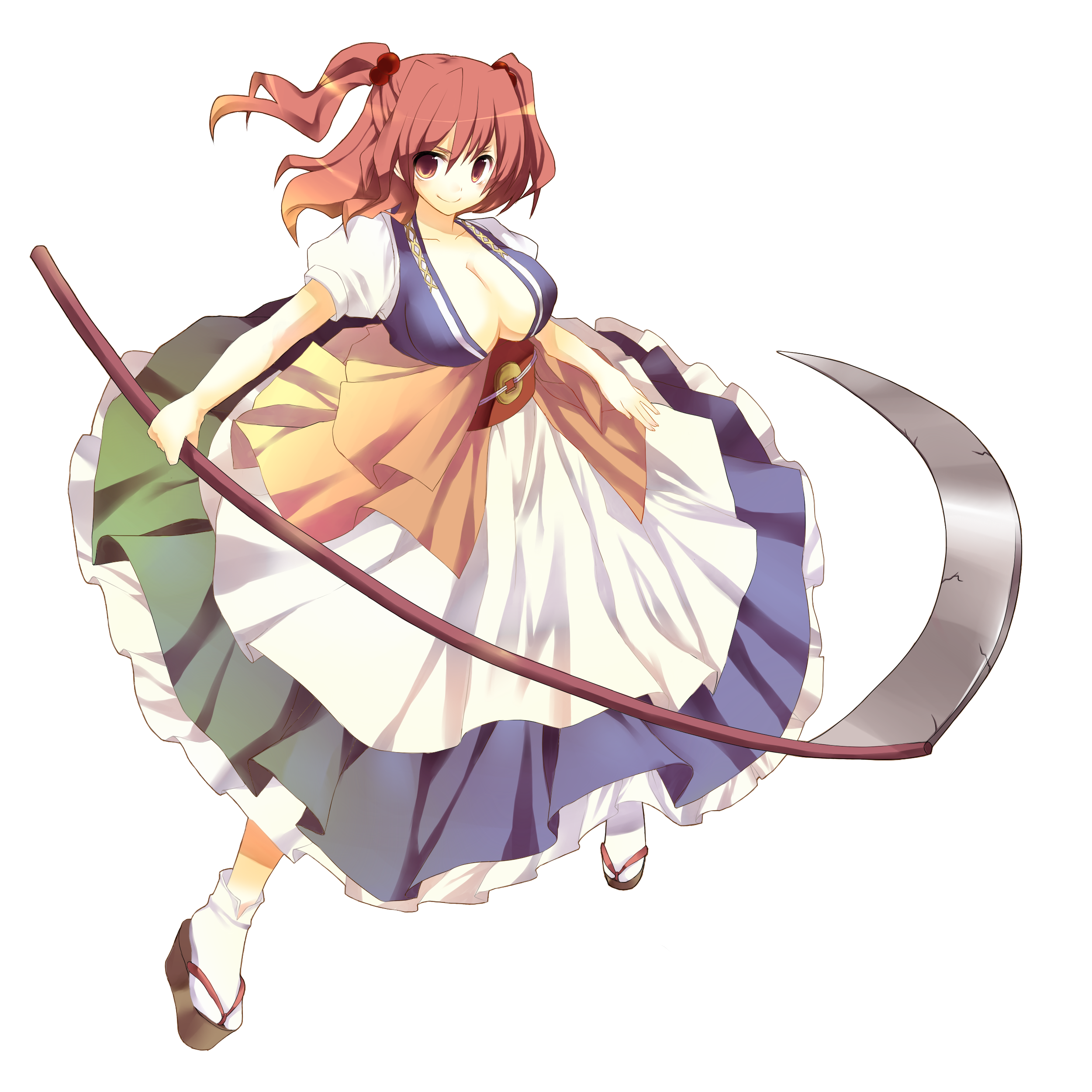 ju-zika, onozuka komachi, touhou, absurdres, bad id, bad pixiv id, highres, >:), 1girl, breasts, cleavage, dress, female focus, full body, hair bobbles, hair ornament, large breasts, no bra, red eyes, red hair, scythe, short hair, smile, solo, tabi, tareme, transparent background, twintails, two side up, v-shaped eyebrows