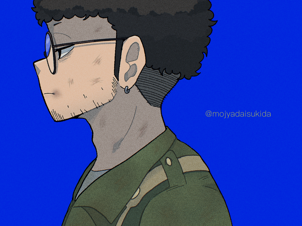ouka (gegege 853suki), franky franklin, spy x family, commentary request, 1boy, afro, beard stubble, black-framed eyewear, black hair, blue background, closed mouth, earrings, expressionless, facial hair, from side, glasses, green jacket, jacket, jewelry, male focus, portrait, profile, round eyewear, simple background, solo, stubble, twitter username