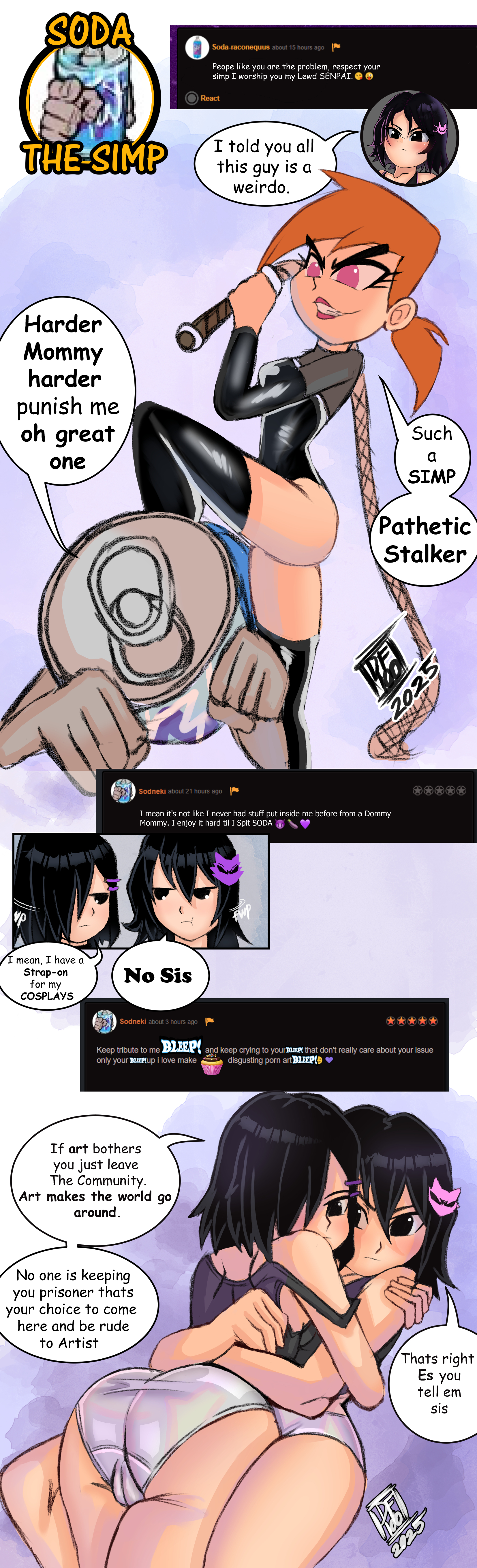 darkfang100, vicky (fairly oddparents), newgrounds, nickelodeon, original, the fairly oddparents, absurdres, commentary, english commentary, highres, 3girls, artist self-insert, black tank top, censored, censored text, dominatrix, goth fashion, holding, holding whip, hug, leather, looking at viewer, makeup, multiple girls, nana ozawa (darkfangcomics), panties, pink eyes, red hair, siblings, sisters, stalking, stepped on, tank top, underwear, yuri