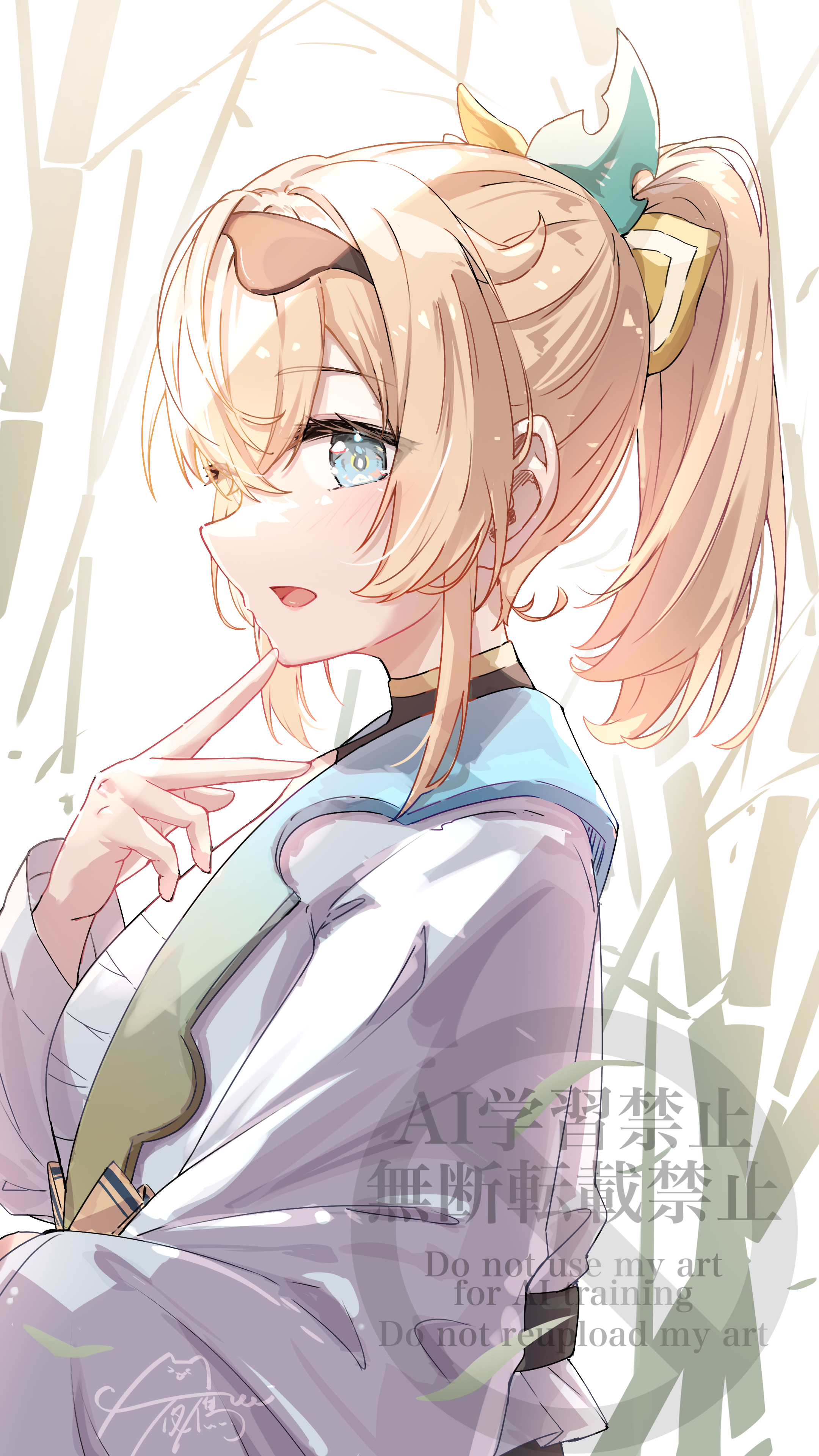 u da desu, kazama iroha, kazama iroha (1st costume), hololive, absurdres, commentary, highres, 1girl, blonde hair, blue eyes, bow, chest sarashi, hair bow, japanese clothes, kimono, looking at viewer, medium hair, open mouth, ponytail, sarashi, solo, v, virtual youtuber, white kimono