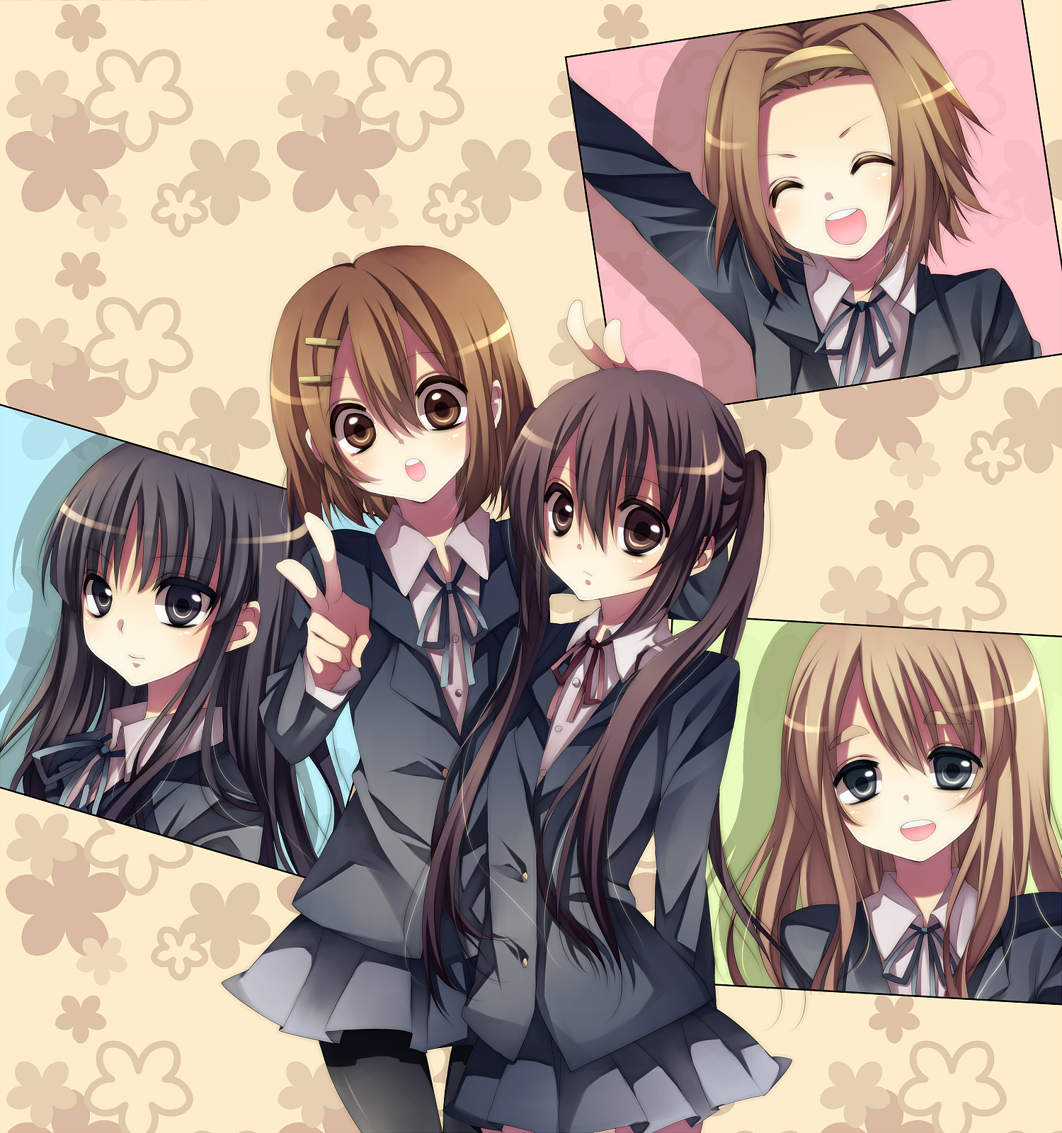 tsukioka tsukiho, akiyama mio, hirasawa yui, kotobuki tsumugi, nakano azusa, tainaka ritsu, k-on!, bad id, bad pixiv id, highres, 00s, 5girls, black eyes, black hair, blonde hair, blue eyes, brown eyes, brown hair, closed eyes, hair ornament, hairband, hairclip, ho-kago tea time, multiple girls, pantyhose, ribbon, school uniform, skirt, twintails, v