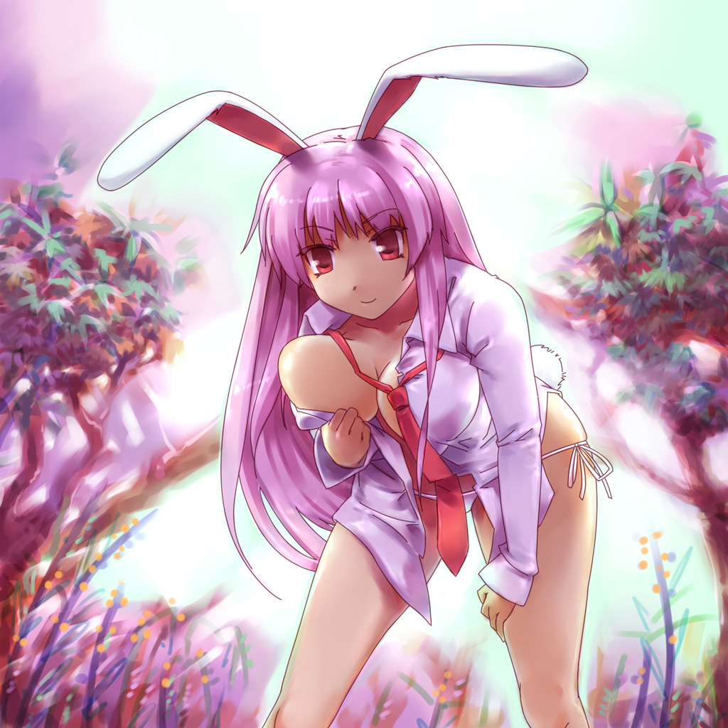 tetsuwan woopie, reisen udongein inaba, touhou, breast hold, 1girl, animal ears, breasts, dress shirt, female focus, large breasts, leaning forward, long hair, necktie, no bra, no pants, open clothes, open shirt, panties, purple hair, rabbit ears, rabbit girl, rabbit tail, red eyes, red necktie, shirt, side-tie panties, smirk, solo, tail, underwear