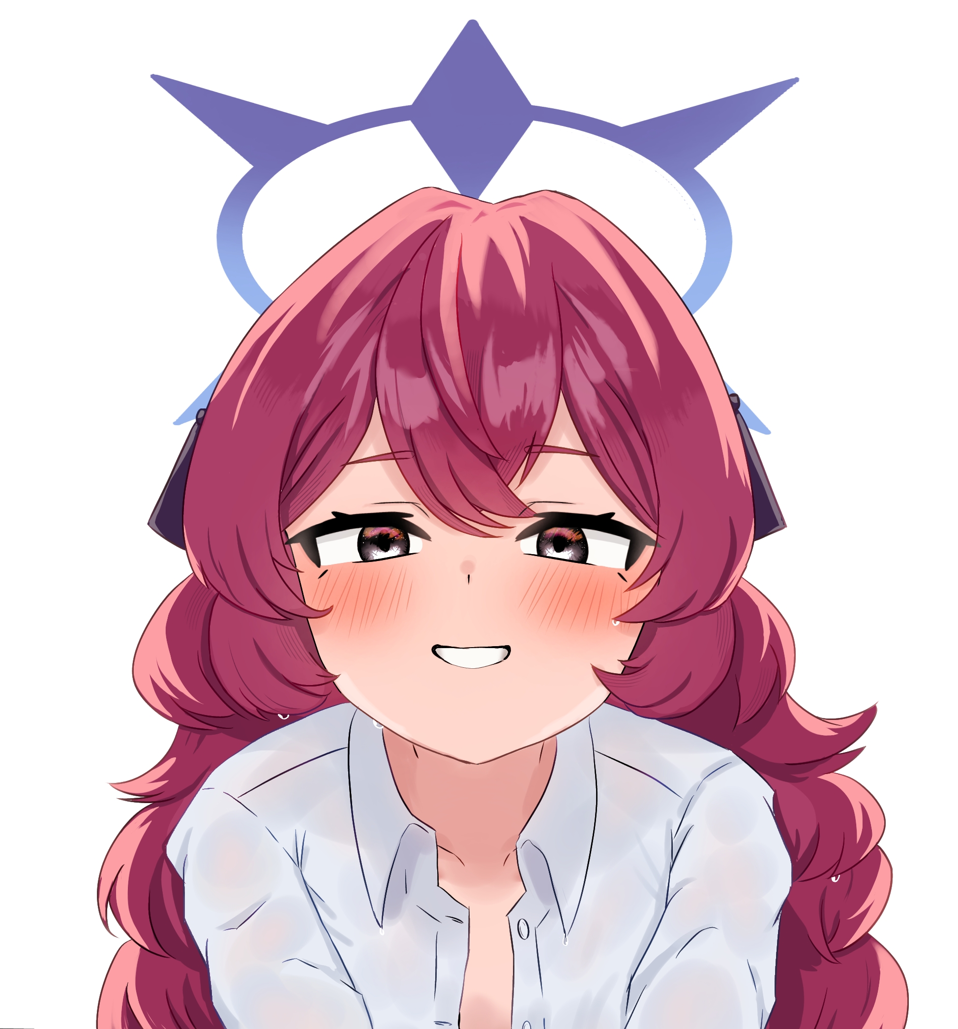 toughman, iroha (blue archive), blue archive, fluffy hair, commentary request, highres, 1girl, :d, alternate costume, blue halo, blush, collared shirt, double-parted bangs, dress shirt, grey eyes, grin, hair between eyes, halo, long hair, looking at viewer, no headwear, open clothes, open mouth, open shirt, red hair, shirt, simple background, smile, solo, straight-on, sweat, upper body, white background, white shirt