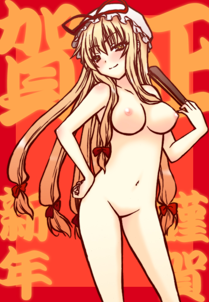 saki chisuzu, yakumo yukari, touhou, 1girl, blonde hair, breasts, female focus, folded fan, folding fan, hand fan, hand on own hip, hat, large breasts, long hair, navel, nipples, nude, solo, yellow eyes