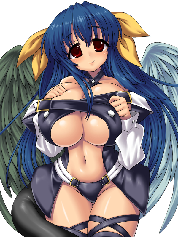 naru (kuma), dizzy (guilty gear), arc system works, guilty gear, bad id, bad pixiv id, 1girl, asymmetrical wings, blue hair, breasts, curvy, female focus, huge breasts, long hair, red eyes, solo, tail, thighhighs, underboob, wings