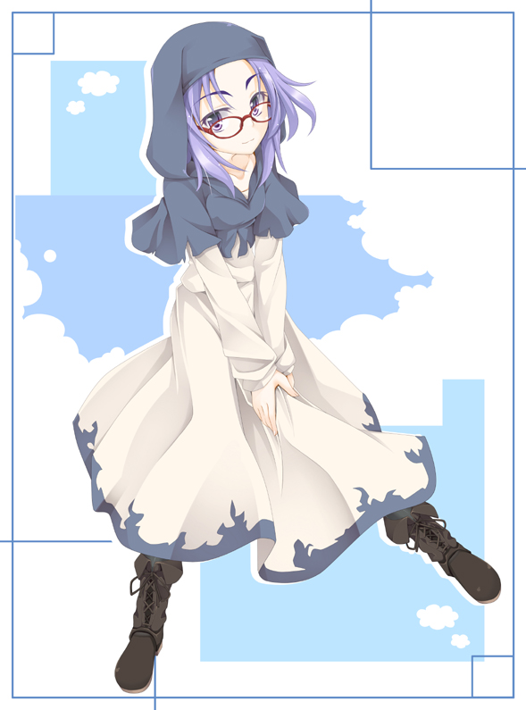ogami kazuki, kumoi ichirin, touhou, 1girl, bespectacled, boots, female focus, glasses, hood, purple eyes, purple hair, red-framed eyewear, short hair, solo