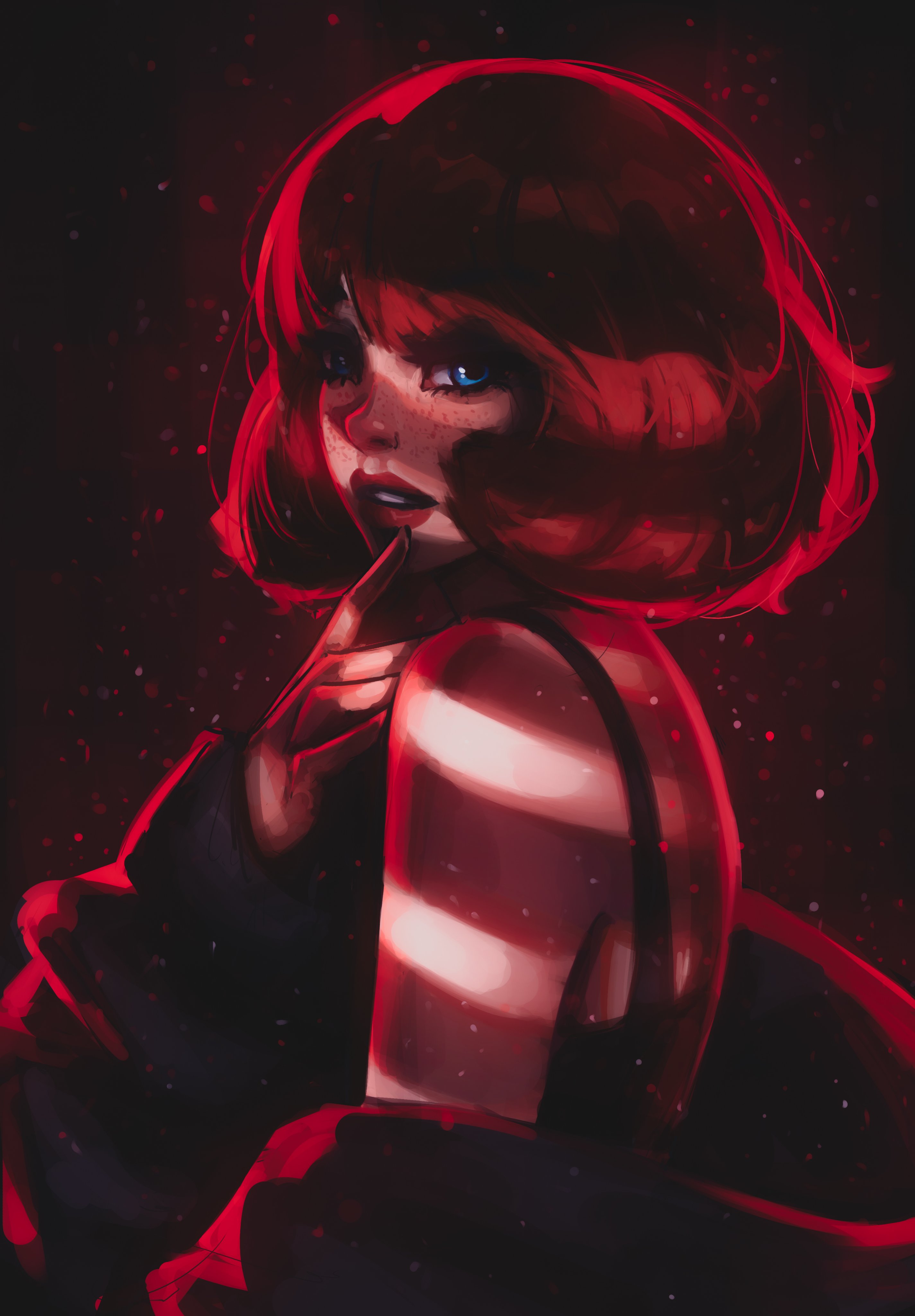 titanartx, original, absurdres, commentary, english commentary, highres, 1girl, bare shoulders, blue eyes, bra strap, coat, coat partially removed, finger to mouth, freckles, from side, hand up, light particles, lips, lipstick, long sleeves, looking at viewer, makeup, parted lips, red coat, red hair, red lips, short hair, solo, upper body