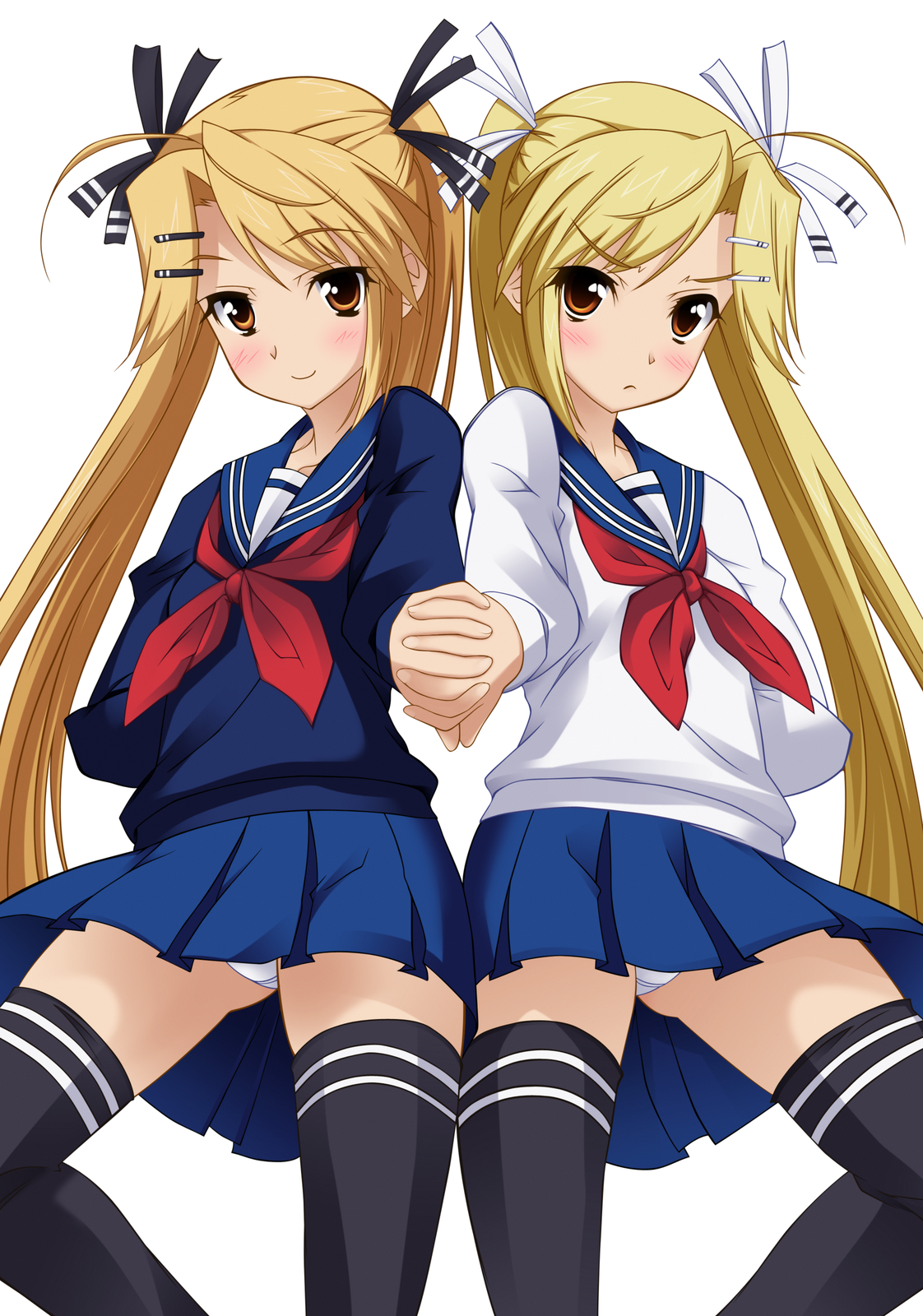 shinozuka atsuto, kirishima akari, kirishima kotone, nyan koi!, colorized, highres, 00s, 2girls, blonde hair, blush, brown eyes, hair ornament, hairclip, holding hands, long hair, multiple girls, panties, pantyshot, ribbon, school uniform, serafuku, siblings, sisters, thighhighs, twins, twintails, underwear, upskirt, very long hair