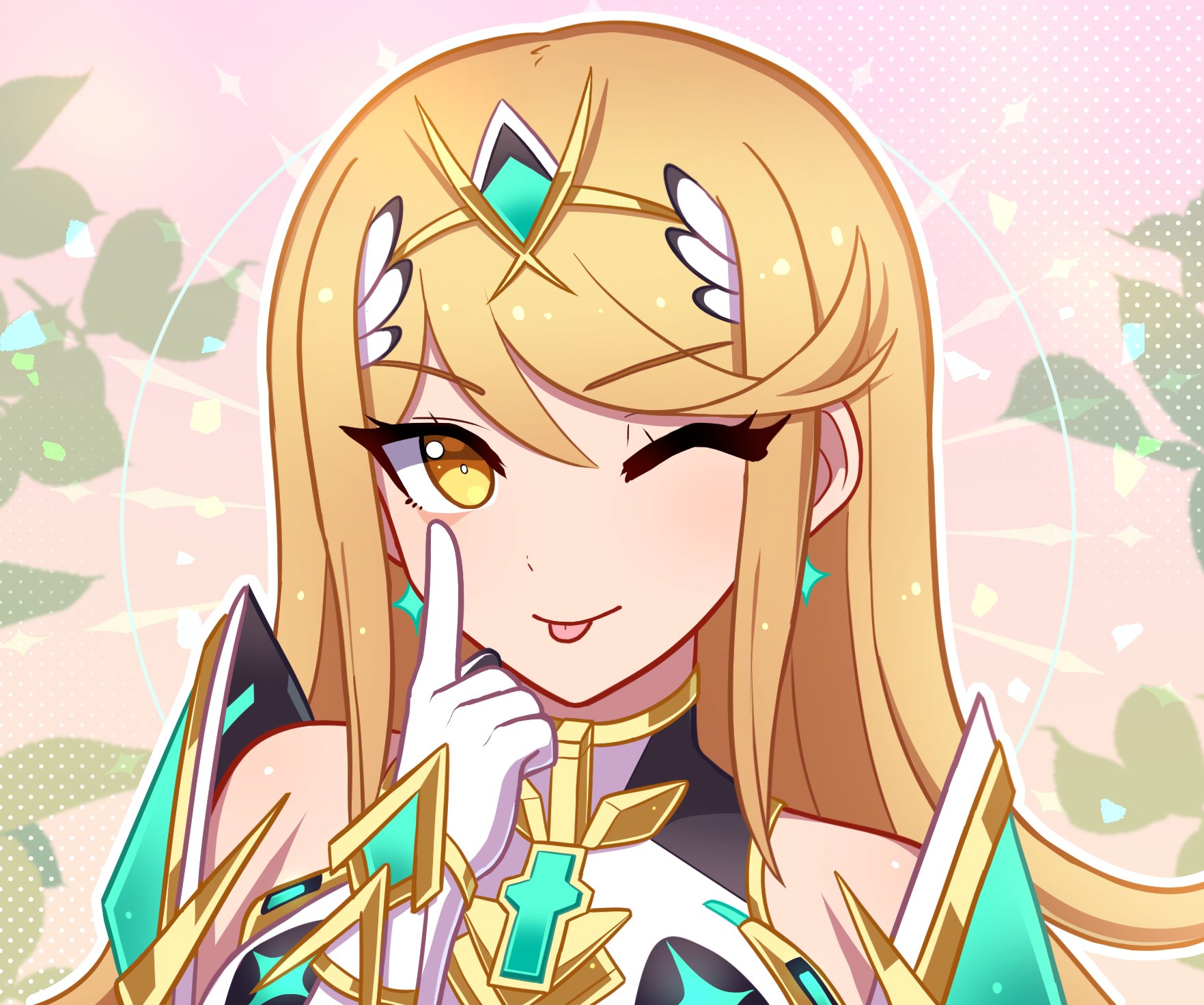 enni, mythra (xenoblade), xenoblade chronicles (series), xenoblade chronicles 2, commentary, english commentary, highres, 1girl, blonde hair, chest jewel, core crystal (xenoblade), gold trim, jewelry, long hair, looking at viewer, smile, solo, tiara, tongue, tongue out, very long hair, yellow eyes