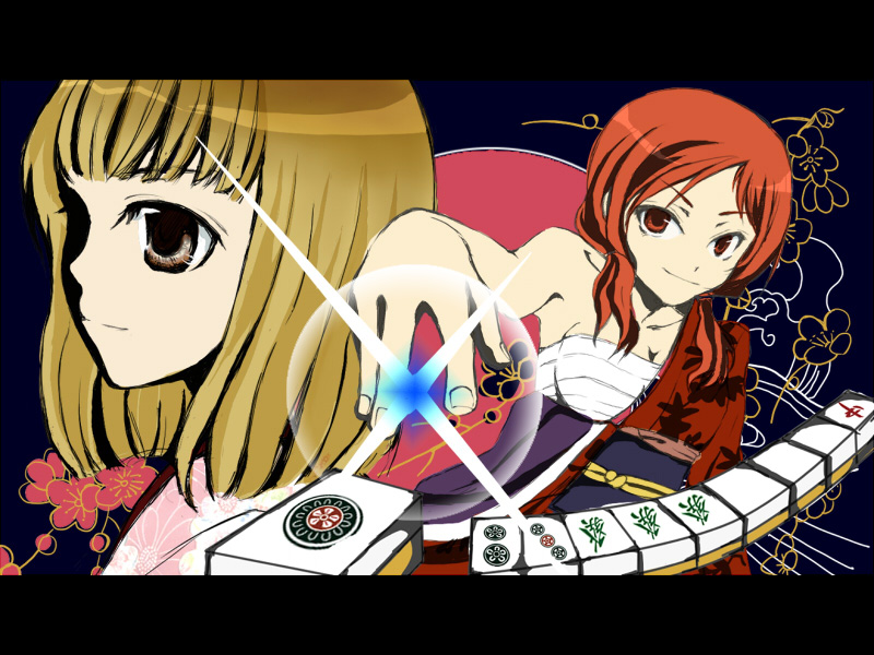 hachiya (bushirock), fukuji mihoko, takei hisa, saki (manga), tengen toppa gurren lagann, bad id, bad pixiv id, 2girls, blonde hair, board game, japanese clothes, kimono, letterboxed, mahjong, multiple girls, parody, playing games, red hair, sarashi, style parody