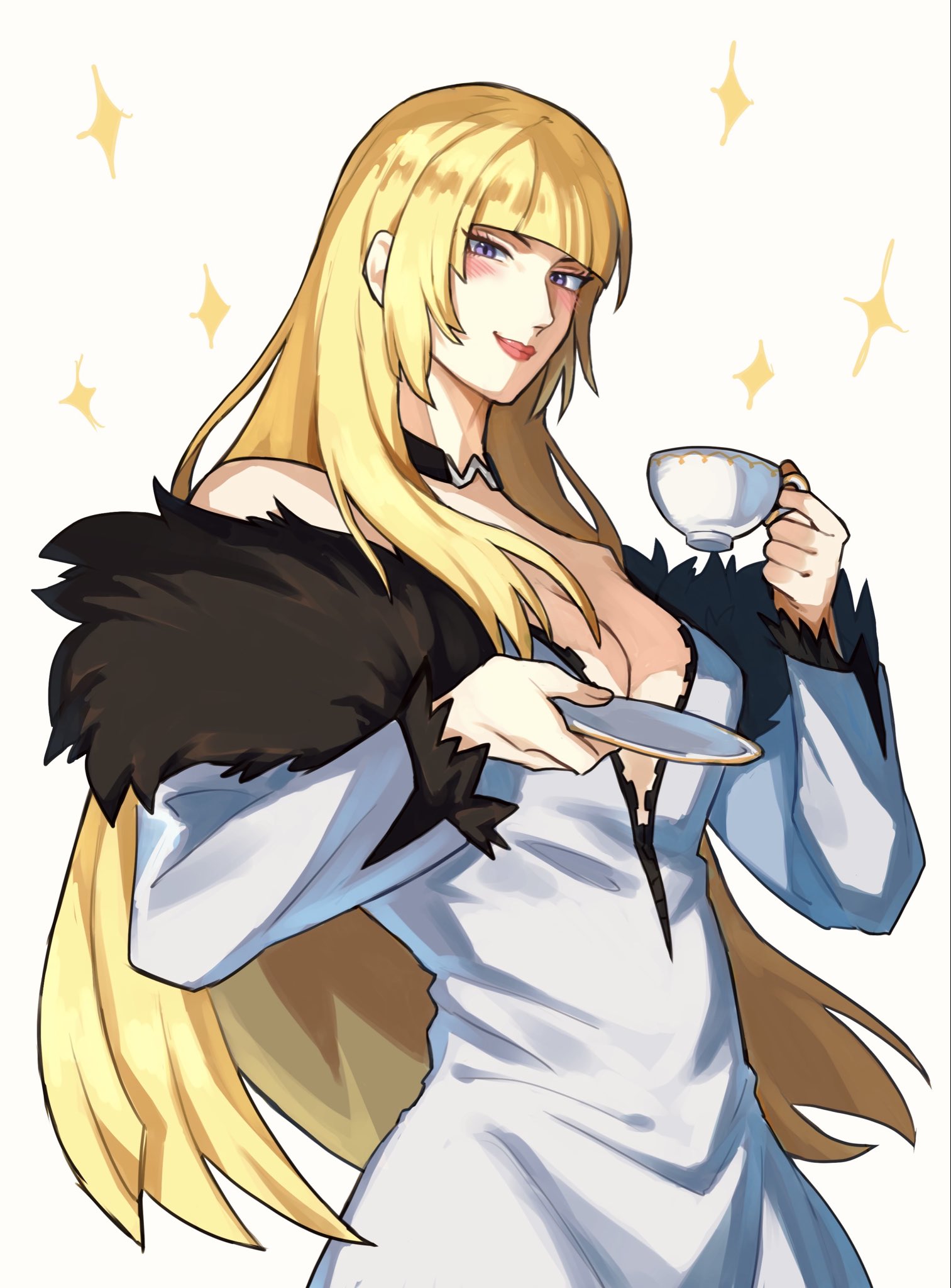 kaphwan0106, emilie de rochefort, tekken, tekken 8, 1girl, bare shoulders, blonde hair, blush, breasts, cleavage, cup, dress, lips, long hair, long sleeves, plate, purple eyes, wide sleeves