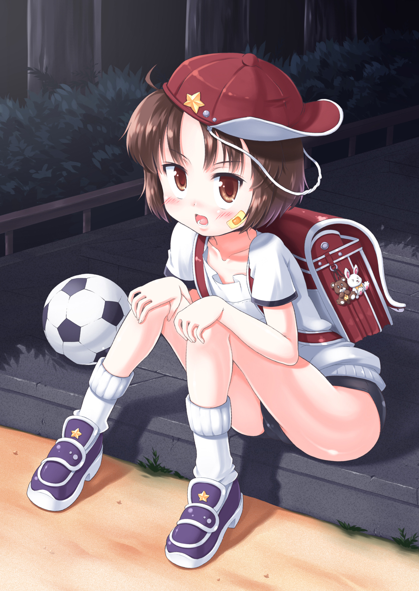 morujii, original, highres, 1boy, backpack, bag, ball, blush, brown eyes, brown hair, buruma, gym uniform, hat, male focus, open mouth, randoseru, shoes, short hair, sitting, soccer ball, socks, solo, telstar, trap, white socks