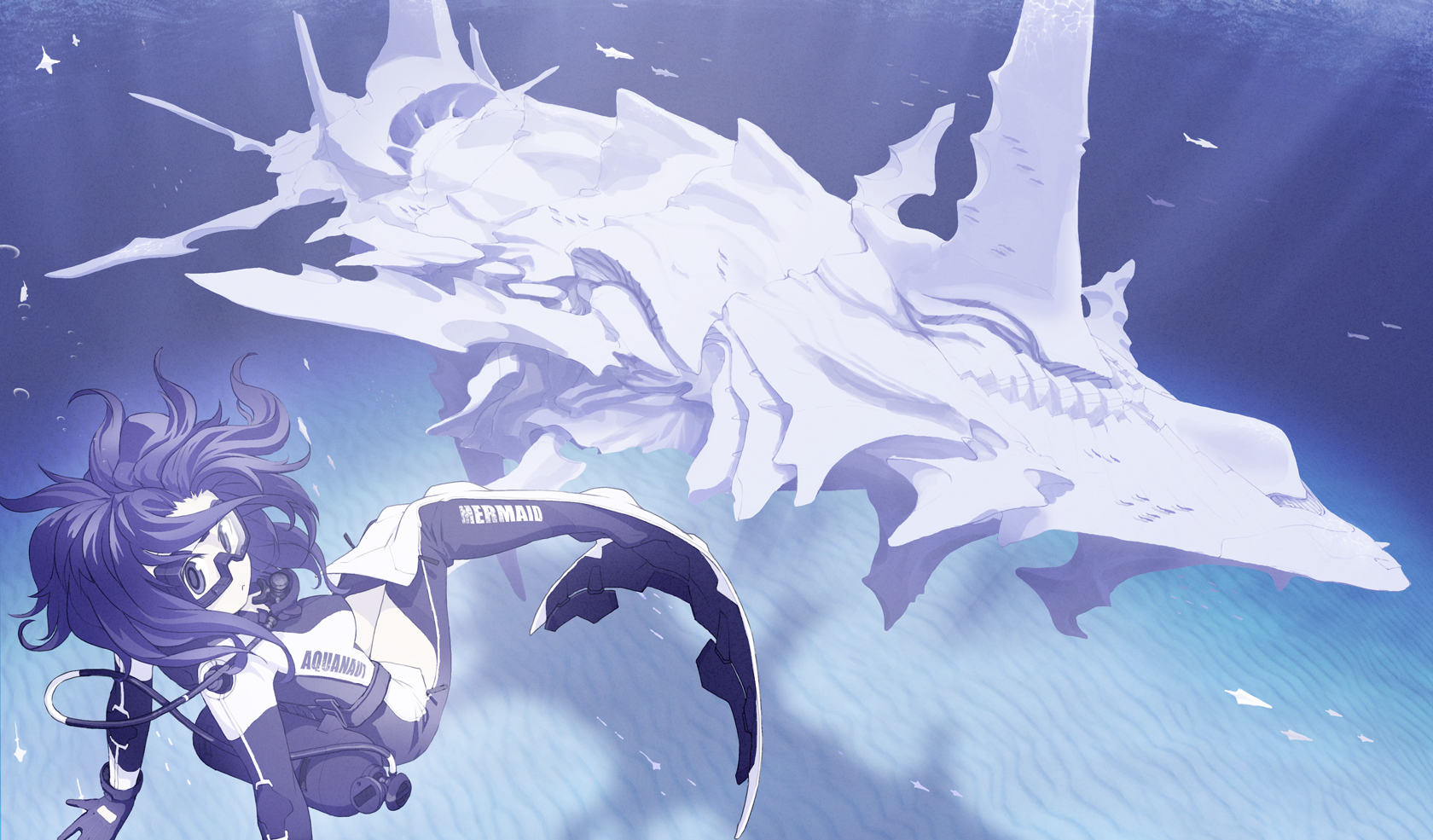 tsukuba masahiro, original, highres, 1girl, bodysuit, diving mask, diving suit, female focus, goggles, mecha musume, mermaid, monster, monster girl, sand, science fiction, scuba, shadow, solo, underwater, wetsuit