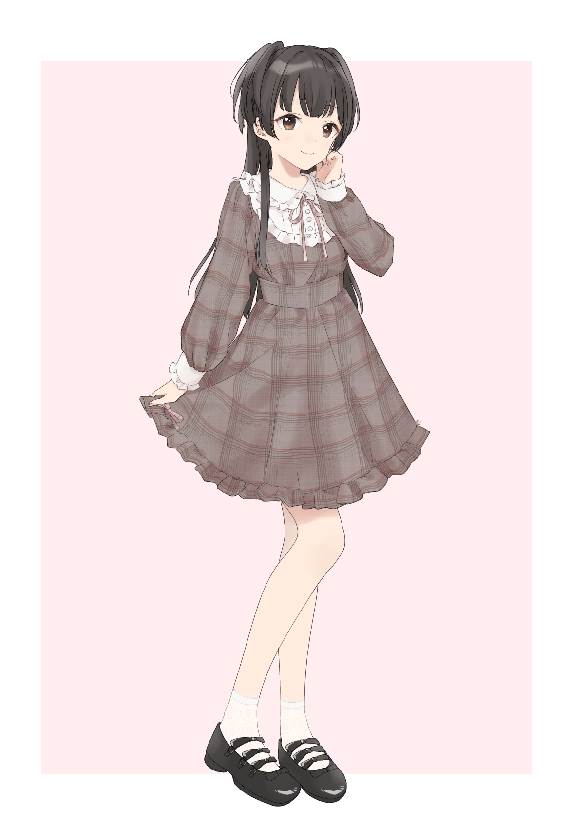 pachiko, mayuzumi fuyuko, idolmaster, idolmaster shiny colors, commentary request, highres, 1girl, black hair, dress, dress tug, frilled dress, frilled sleeves, frills, full body, green eyes, half updo, hand on own cheek, hand on own face, loafers, long hair, neck ribbon, plaid clothes, plaid dress, ribbon, shoes, smile, socks, solo, white socks