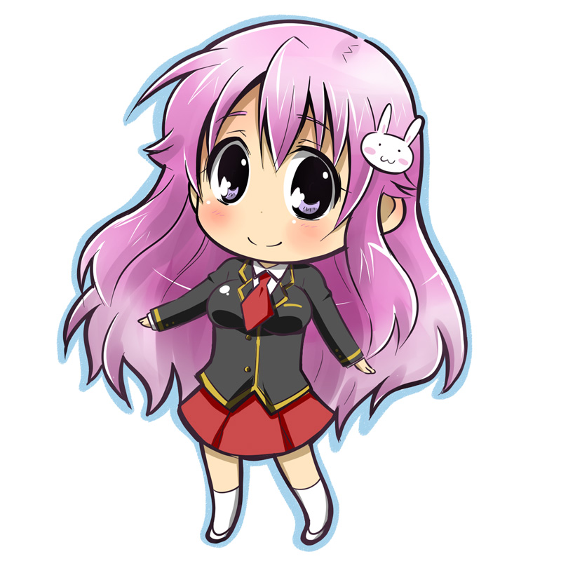 nukunuku, himeji mizuki, baka to test to shoukanjuu, bad id, bad pixiv id, 1girl, blush, chibi, female focus, full body, hair ornament, long hair, pink hair, purple eyes, school uniform, simple background, skirt, smile, socks, solo, white background