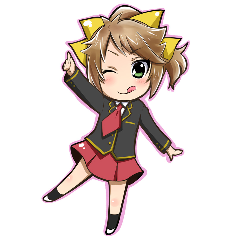 nukunuku, shimada minami, baka to test to shoukanjuu, bad id, bad pixiv id, 1girl, :q, ;q, blush, brown hair, chibi, female focus, full body, green eyes, hair ribbon, necktie, one eye closed, ribbon, school uniform, short hair, simple background, skirt, socks, solo, tongue, tongue out, white background, wink