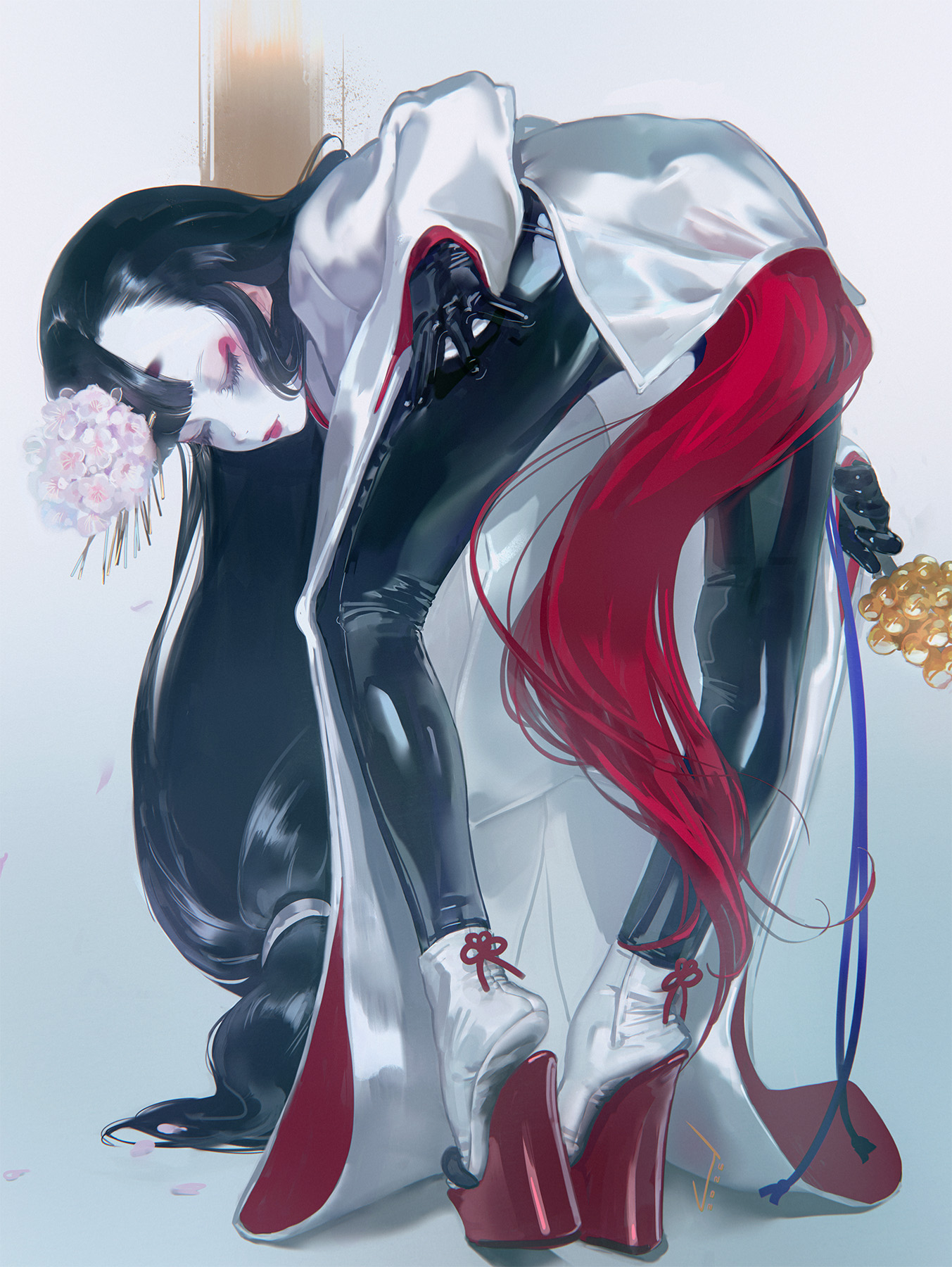 1=2, original, highres, 1girl, bell, bent over, black hair, bodysuit, closed eyes, eyelashes, flower, full body, gloves, hair flower, hair ornament, horse tail, japanese clothes, jingle bell, kagura suzu, kimono, latex, latex bodysuit, lipstick, long hair, makeup, mascara, miko, new year, petals, platform heels, red lips, solo, tabi, tail, very long hair, white facepaint, white flower, white kimono