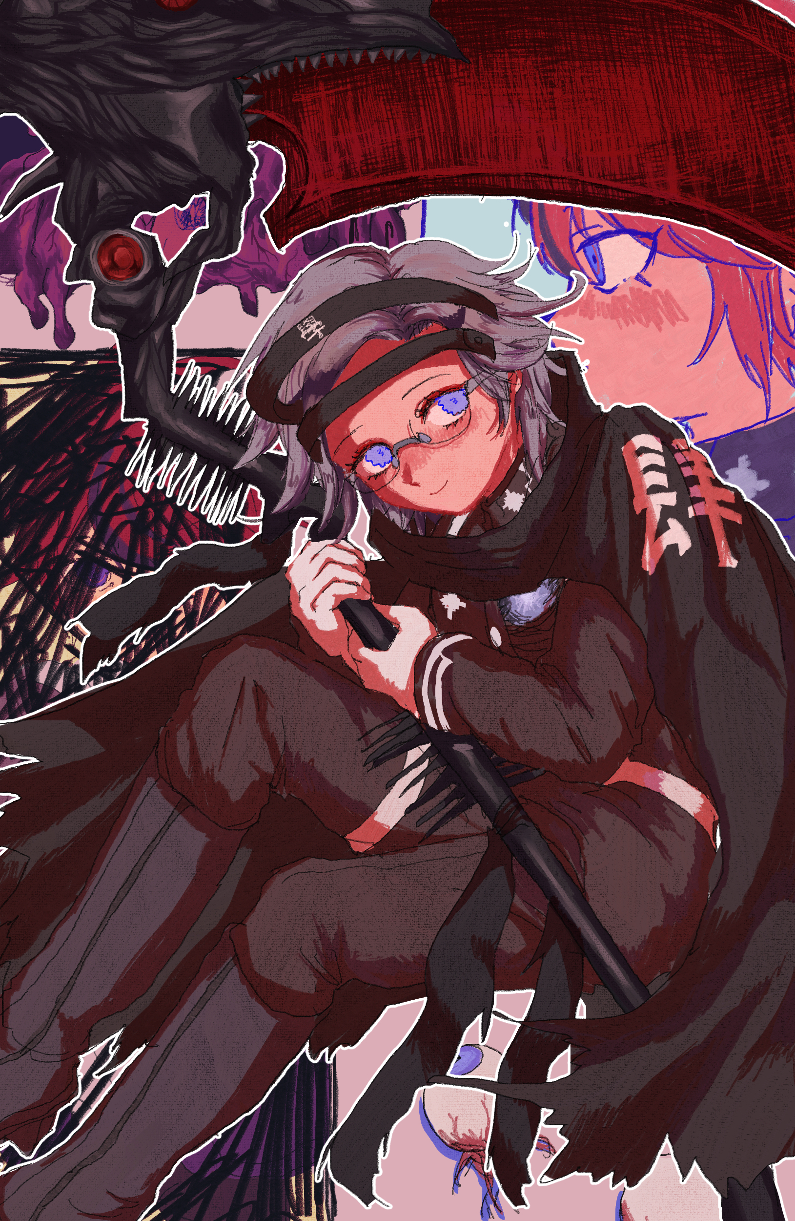 koka-ka metoro, aotsuki eito, sumino takumi, the hundred line -last defense academy-, absurdres, commentary request, highres, 2boys, armband, black boots, black cloak, black jacket, black pants, black streaks, blue eyes, boots, censored, character background, cloak, eyeball, gakuran, glasses, gloves, grey hair, headgear, holding, holding scythe, holding weapon, jacket, last defense academy school uniform, looking at viewer, male focus, multicolored hair, multiple boys, outline, pants, purple eyes, red hair, school uniform, scribble censor, scythe, short hair, smile, spikes, streaked hair, two-tone hair, weapon, white armband, white gloves, white outline