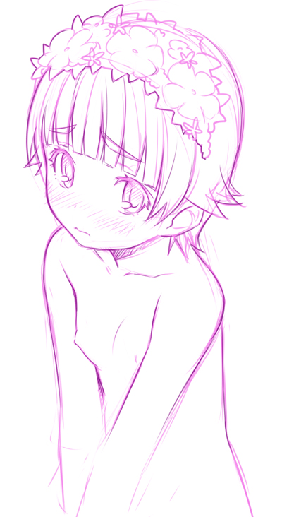 ha-ru, uiharu kazari, toaru kagaku no railgun, toaru majutsu no index, bad id, bad pixiv id, 00s, 1girl, blush, completely nude, female focus, flat chest, head wreath, loli, monochrome, navel, nipples, nude, short hair, sketch, solo