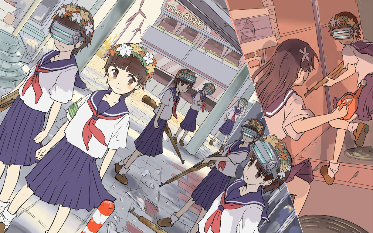 puuakachan, saten ruiko, uiharu kazari, toaru kagaku no railgun, toaru majutsu no index, 00s, 2girls, armband, brown eyes, brown hair, flower, green armband, gun, hair flower, hair ornament, head-mounted display, head wreath, long hair, multiple girls, rifle, school uniform, serafuku, short hair, siblings, sisters, skirt, uiharu imouto, watering can, weapon