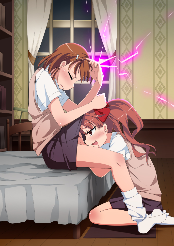 bon (moegomi), misaka mikoto, shirai kuroko, toaru kagaku no railgun, toaru majutsu no index, 00s, 2girls, :3, bed, blush, bow, brown eyes, brown hair, closed eyes, drooling, electricity, electrokinesis, female focus, female pervert, fingering, hair bow, indoors, kneehighs, long hair, loose socks, multiple girls, pervert, school uniform, skirt, socks, sweater vest, twintails, under skirt, yuri