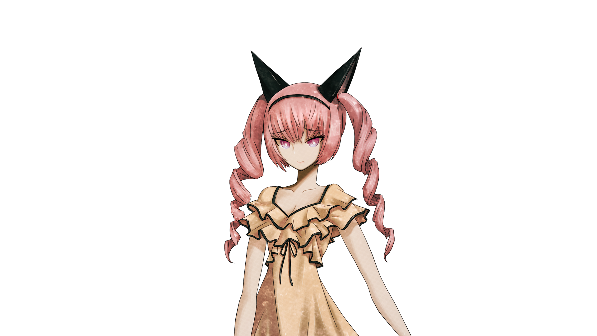 huke, akiha rumiho, science adventure, steins;gate, game cg, highres, official art, 1girl, animal ear hairband, animal ears, breasts, casual, cat ears, cleavage, collar, collarbone, dress, drill hair, fake animal ears, frilled collar, frilled dress, frills, hairband, long hair, looking at viewer, pink eyes, pink hair, ringed eyes, solo, sprite, square pupils, transparent background, tsurime, twin drills, twintails, worried, yellow dress