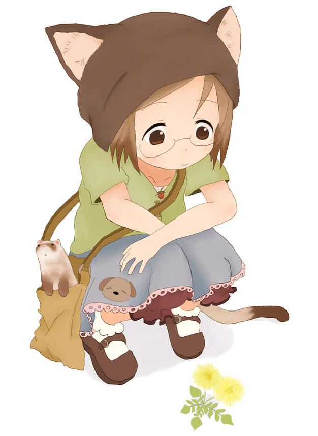 es (pixiv295215), sakuragi matsuri, ichigo mashimaro, 1girl, animal ears, bag, bloomers, brown eyes, brown hair, cat ears, cat tail, child, female focus, flower, frills, full body, glasses, handbag, mary janes, shoes, short hair, skirt, socks, solo, tail, underwear, white background