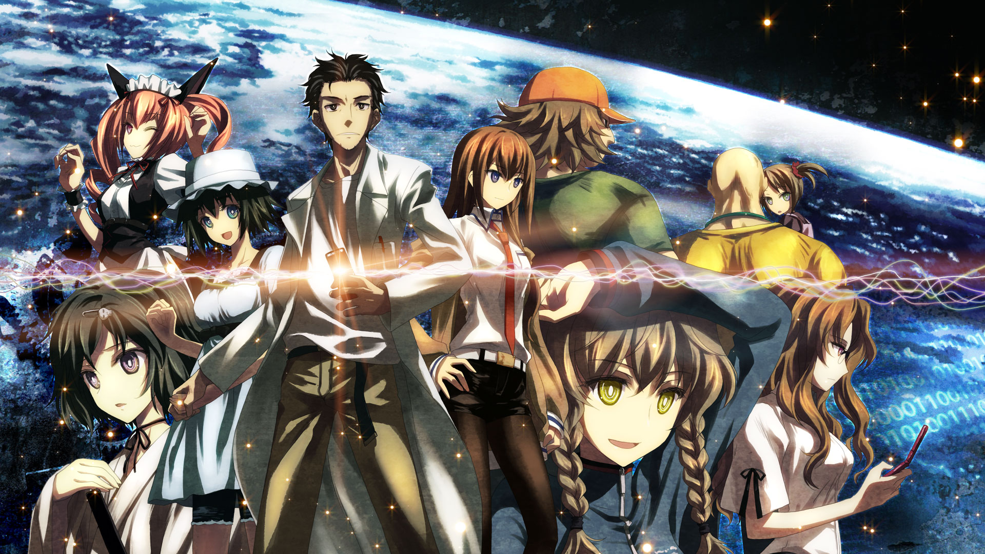 yuuki tatsuya, akiha rumiho, amane suzuha, faris nyannyan, kiryuu moeka, makise kurisu, okabe rintarou, shiina mayuri, urushibara luka, science adventure, steins;gate, highres, 4boys, 6+girls, :3, black hair, braid, brown hair, cellphone, dress, everyone, glasses, hat, lab coat, long hair, maid, multiple boys, multiple girls, necktie, one eye closed, pantyhose, phone, ribbon, short hair, trap, twintails, wink