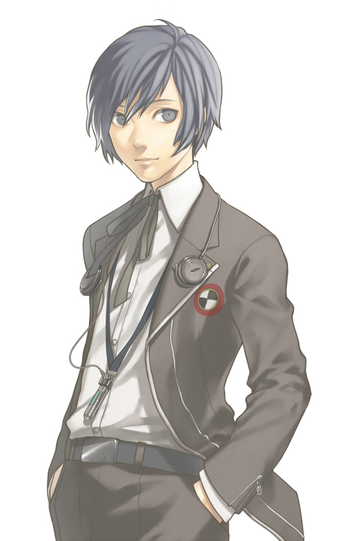 minato (robin), yuuki makoto (persona 3), atlus, persona, persona 3, bad id, bad pixiv id, 1boy, blue eyes, blue hair, headphones, male focus, matching hair/eyes, school uniform, simple background, solo, white background
