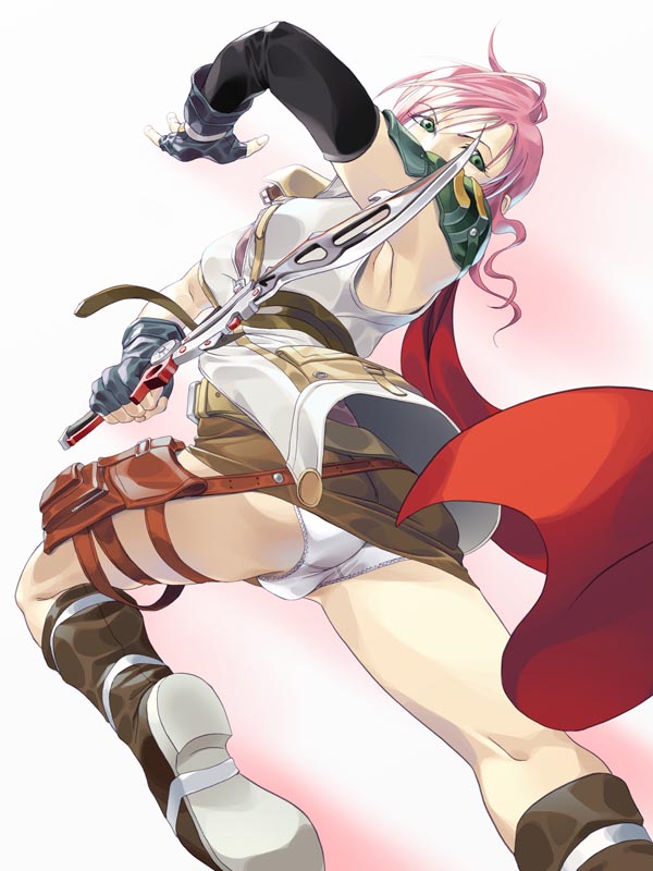 hyou itto, lightning farron, final fantasy, final fantasy xiii, 10s, 1girl, armpits, ass, belt, boots, cape, elbow gloves, female focus, fingerless gloves, from below, gloves, green eyes, long hair, looking back, miniskirt, panties, pantyshot, pink hair, skirt, solo, sword, thigh strap, underwear, upskirt, weapon, white panties