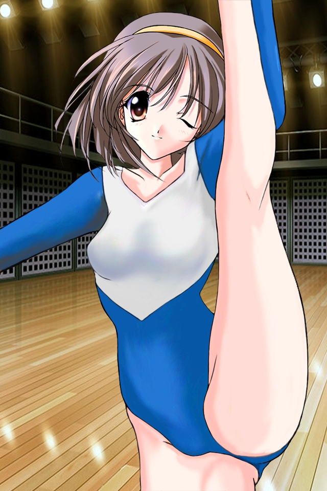 imasaka yue, memories off, source request, third-party edit, 1girl, brown hair, fat mons, female focus, gymnastics, hairband, leg up, leotard, one eye closed, red eyes, short hair, solo, wink