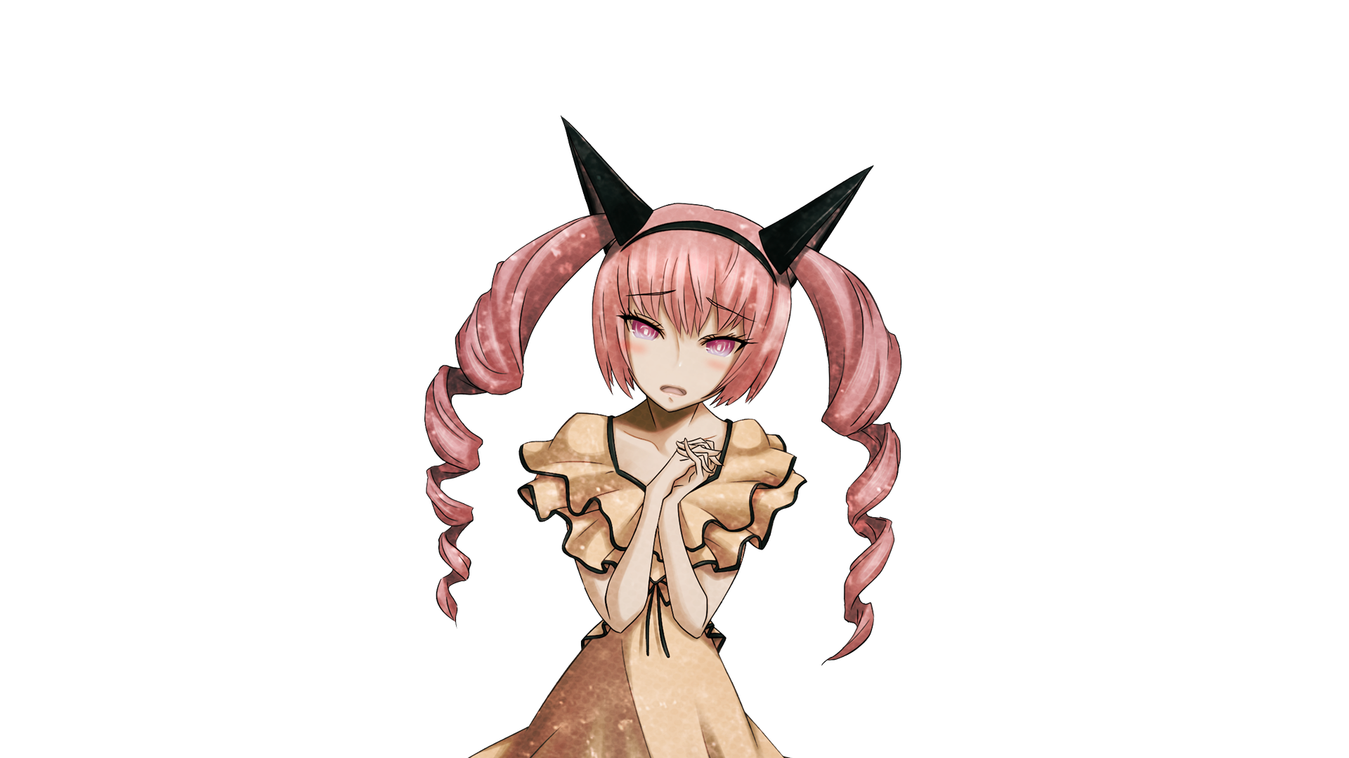 huke, akiha rumiho, science adventure, steins;gate, game cg, highres, official art, 1girl, animal ear hairband, animal ears, blush, breasts, casual, cat ears, cleavage, collar, collarbone, dress, drill hair, embarrassed, fake animal ears, frilled collar, frilled dress, frills, hairband, long hair, looking at viewer, own hands clasped, own hands together, pink eyes, pink hair, ringed eyes, solo, sprite, square pupils, transparent background, tsurime, twin drills, twintails, yellow dress