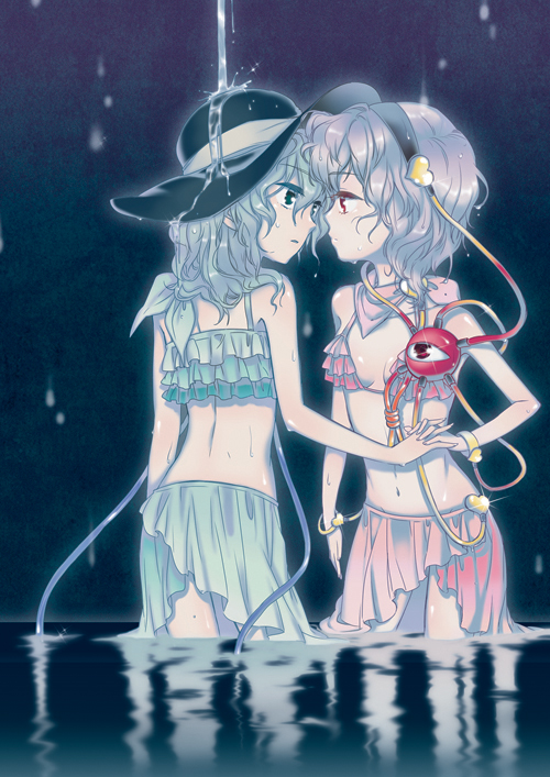 fuyu kitsune, komeiji koishi, komeiji satori, touhou, silver hair, bad id, bad pixiv id, 2girls, bikini, eye contact, female focus, frilled bikini, frills, green eyes, hairband, hat, holding hands, incest, looking at another, midriff, multiple girls, pink hair, red eyes, reflection, short hair, siblings, sisters, swimsuit, wading, water, wet, yuri