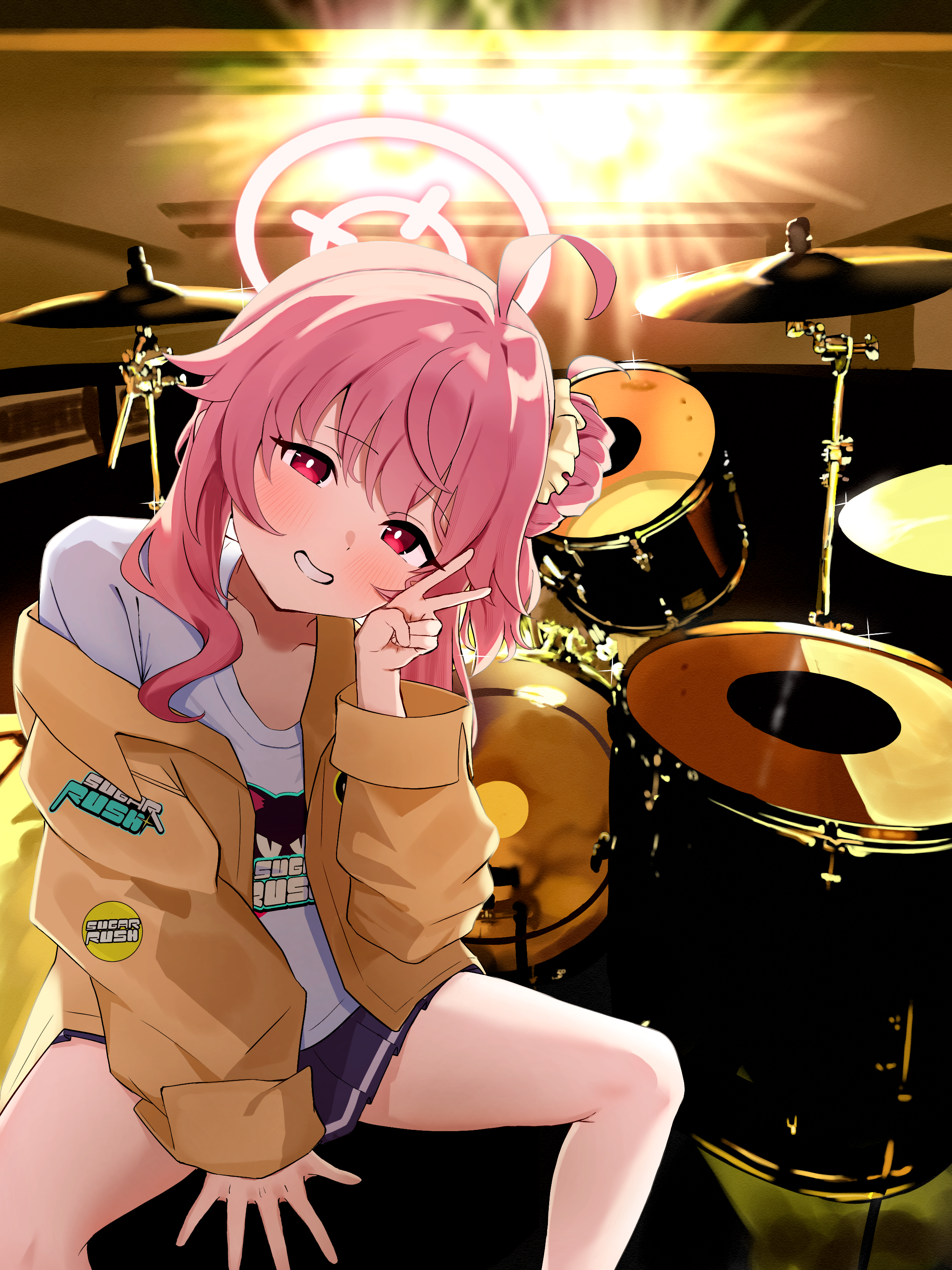 toughman, natsu (band) (blue archive), natsu (blue archive), blue archive, absurdres, commentary request, highres, 1girl, :d, ahoge, animal print, backlighting, between legs, black skirt, blush, bright pupils, cat print, drum, feet out of frame, grin, hair between eyes, hair bun, hair intakes, hair ornament, hair scrunchie, halo, hand between legs, hand up, head tilt, instrument, jacket, long hair, looking at viewer, miniskirt, official alternate costume, official alternate hairstyle, open clothes, open jacket, open mouth, pink hair, pink halo, pleated skirt, print shirt, red eyes, scrunchie, shirt, sidelocks, single side bun, skirt, sleeves past wrists, smile, solo, sparkle, thighs, v, white pupils, white shirt, yellow jacket, yellow scrunchie