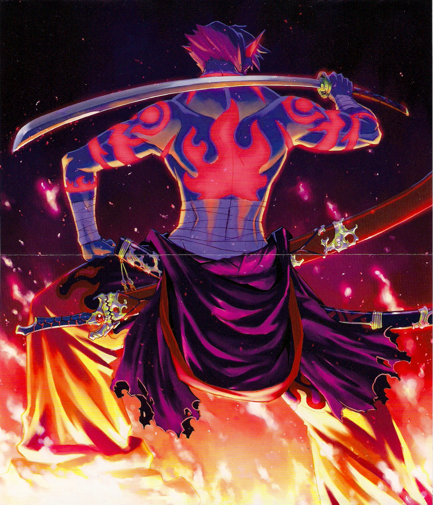 mori kotarou, kamina (ttgl), tengen toppa gurren lagann, highres, non-web source, scan, scan artifacts, 00s, 1boy, bandages, epic, fire, kamina shades, katana, male focus, manly, muscular, sarashi, scabbard, sheath, solo, sword, tattoo, triangular eyewear, weapon