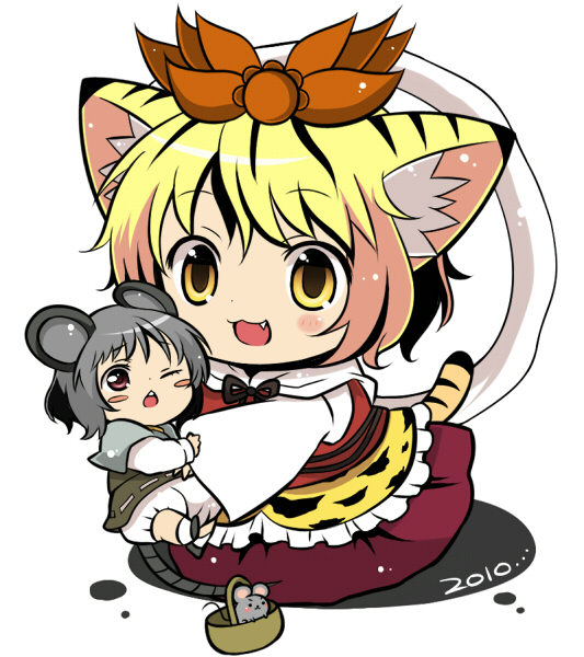sakeko, nazrin, toramaru shou, touhou, 2girls, animal ears, animal print, basket, blonde hair, fang, female focus, grey hair, hair ornament, kemonomimi mode, mouse (animal), mouse ears, mouse tail, multiple girls, red eyes, shawl, short hair, tail, tiger ears, tiger print, tiger tail, yellow eyes