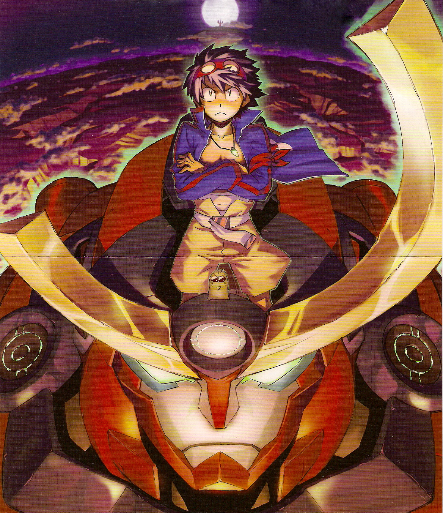mori kotarou, boota (ttgl), gurren-lagann, simon (ttgl), tengen toppa gurren lagann, highres, non-web source, scan, scan artifacts, 00s, 1boy, bandages, core drill, crossed arms, drill, full moon, goggles, goggles on head, jacket, male focus, mecha, moon, robot, sarashi, shorts