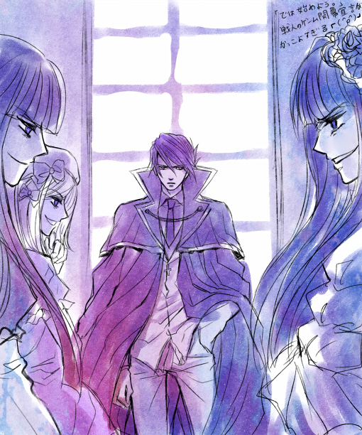 kaoru, frederica bernkastel, furudo erika, lambdadelta, ushiromiya battler, umineko no naku koro ni, bad id, bad pixiv id, 00s, cape, dress, hair ornament, long hair, ribbon, smile, window