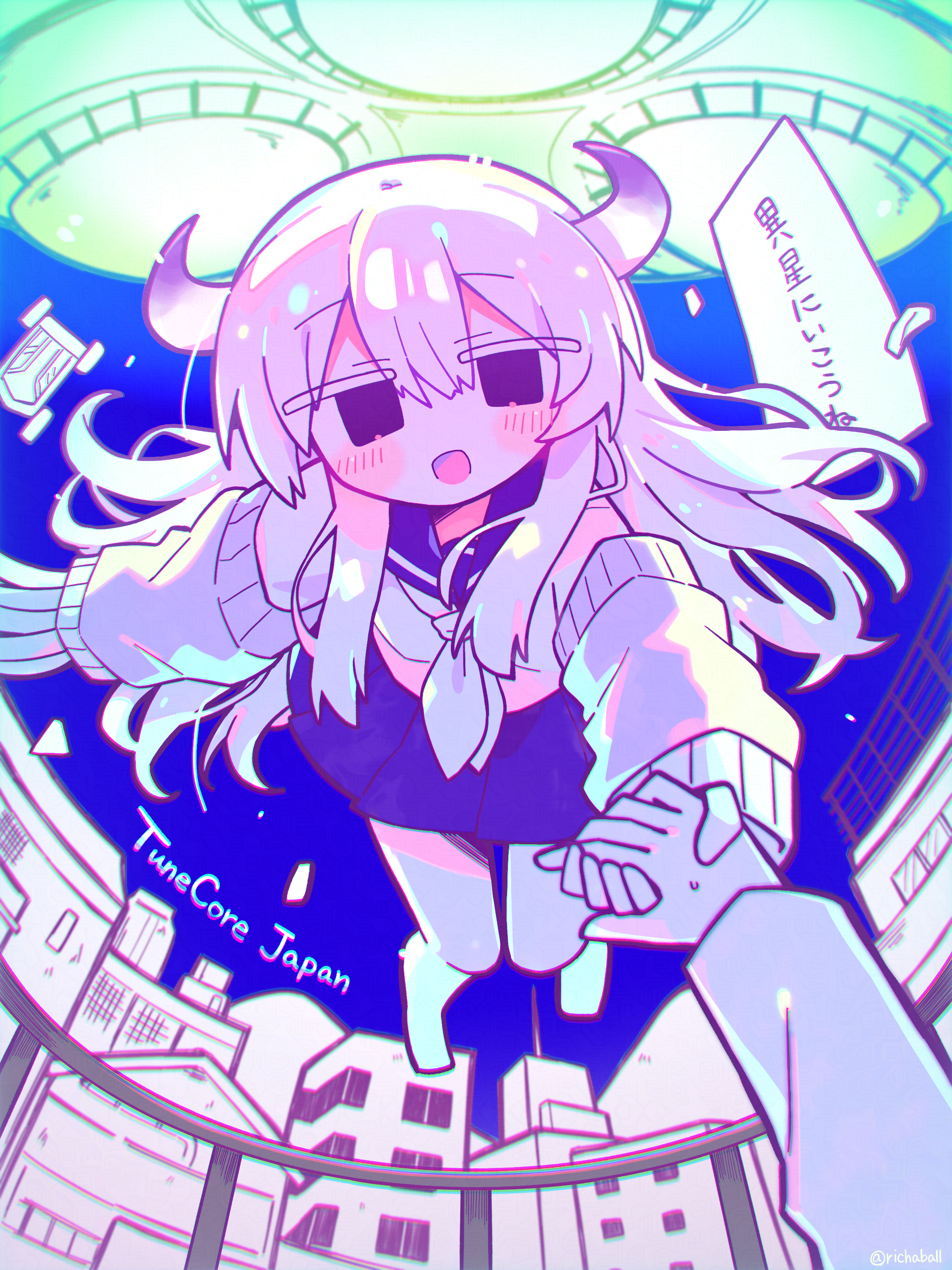 richard (richaball), isei (iyowa), isei ni ikou ne (cevio), iyowa girls, absurdres, commentary request, highres, translation request, 1girl, blue sailor collar, blue skirt, blush, detached sleeves, floating hair, holding hands, horns, long hair, long sidelocks, looking at viewer, open mouth, pov, sailor collar, sidelocks, skirt, smile, socks, solo focus, speech bubble, white socks