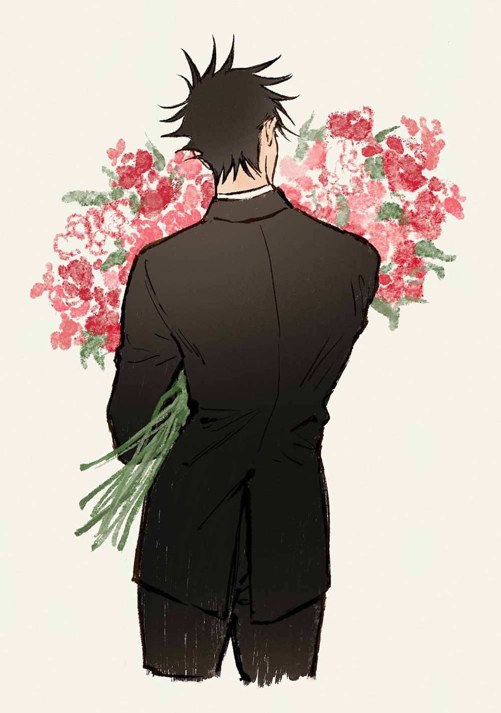 jj59u, fushiguro megumi, jujutsu kaisen, commentary request, highres, 1boy, black hair, black jacket, black pants, bouquet, cropped legs, flower, from behind, holding, holding bouquet, jacket, male focus, pants, short hair, simple background, solo, suit jacket, white background