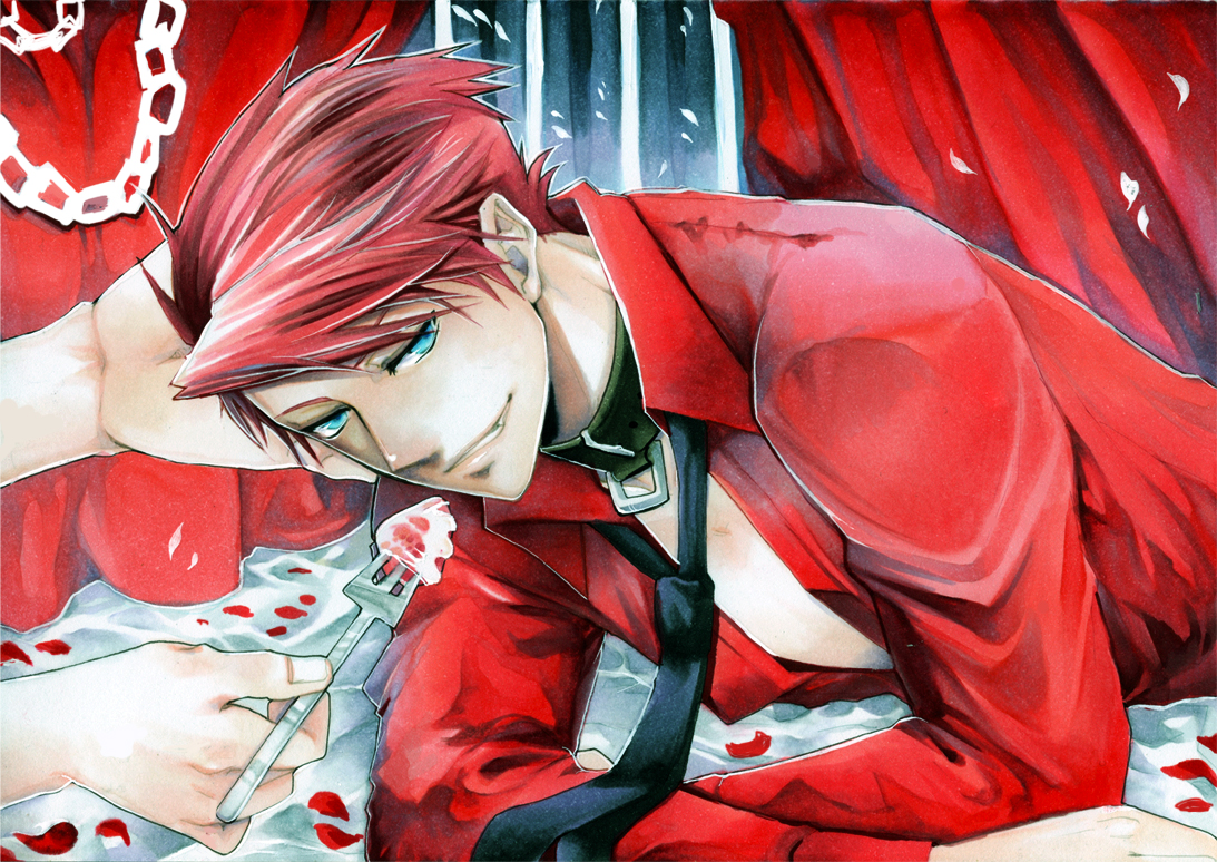 noppo, ushiromiya battler, umineko no naku koro ni, european clothes, bad id, bad pixiv id, 00s, blue eyes, chain, collar, feeding, food, fork, fruit, lying, male focus, necktie, open clothes, open shirt, red hair, red shirt, shirt, smile, solo, strawberry