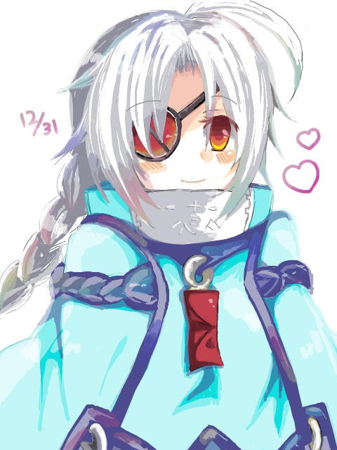 nu-13, arc system works, blazblue, silver hair, 1girl, ahoge, blush, braid, dated, eyepatch, female focus, heart, red eyes, smile, solo, white background