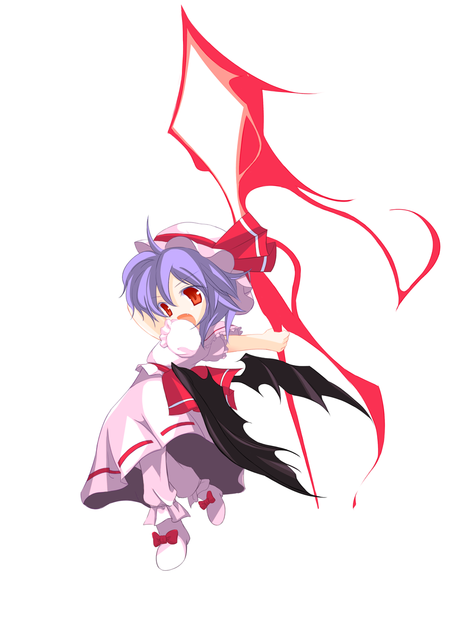jenes, remilia scarlet, touhou, highres, 1girl, bat wings, female focus, full body, hat, purple hair, red eyes, short hair, simple background, solo, spear the gungnir, white background, wings