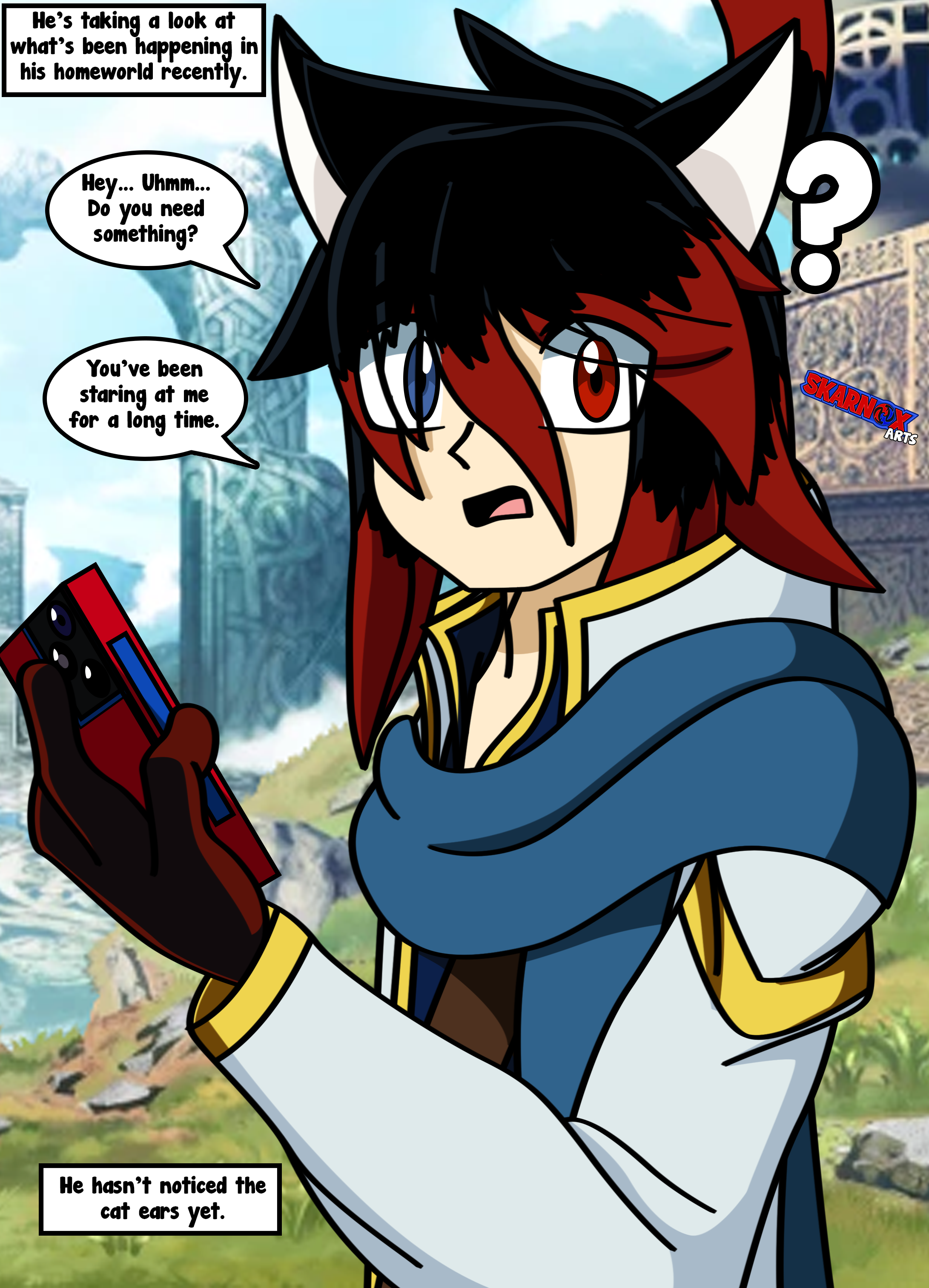 kiran (fire emblem), male kiran (fire emblem), fire emblem, fire emblem heroes, nintendo, original, absurdres, commentary, english commentary, highres, non-web source, 1boy, animal ears, cat boy, cat ears, english text, looking at viewer, male focus, open mouth, skarnox bravehart, solo