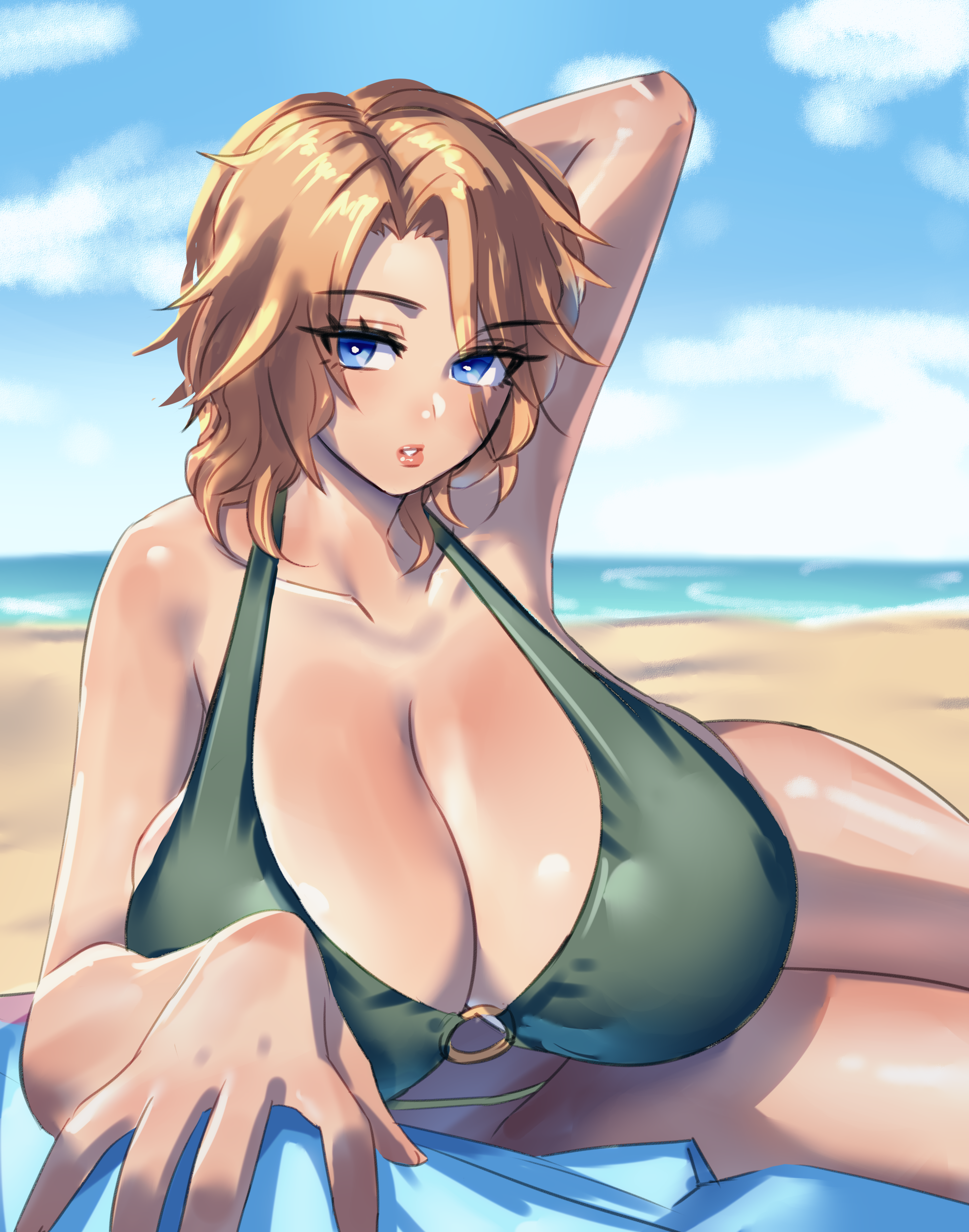 matsumoto rangiku, bleach, bleach: sennen kessen-hen, 1girl, arm behind head, bare shoulders, beach, bikini, blonde hair, blue eyes, blue sky, breasts, cloud, collarbone, female focus, large breasts, looking at viewer, lying, medium hair, ocean, on side, parted lips, sand, shiny skin, sky, strawberry blonde, swimsuit, water