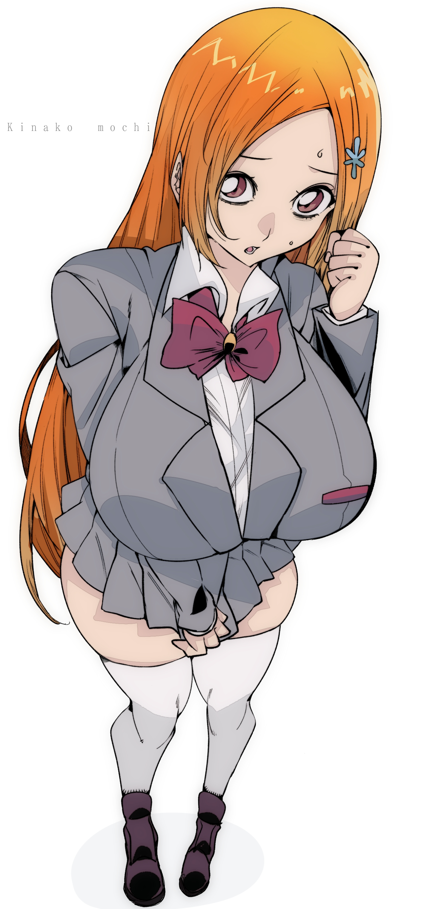 kinakomochi (user vedc2333), inoue orihime, bleach, highres, 1girl, artist name, breasts, brown eyes, female focus, full body, hair ornament, hairclip, jacket, karakura high school uniform, large breasts, long hair, orange hair, parted lips, school uniform, shoes, simple background, skindentation, skirt, snowflake hair ornament, sweatdrop, thighhighs, thighs, white background, white thighhighs
