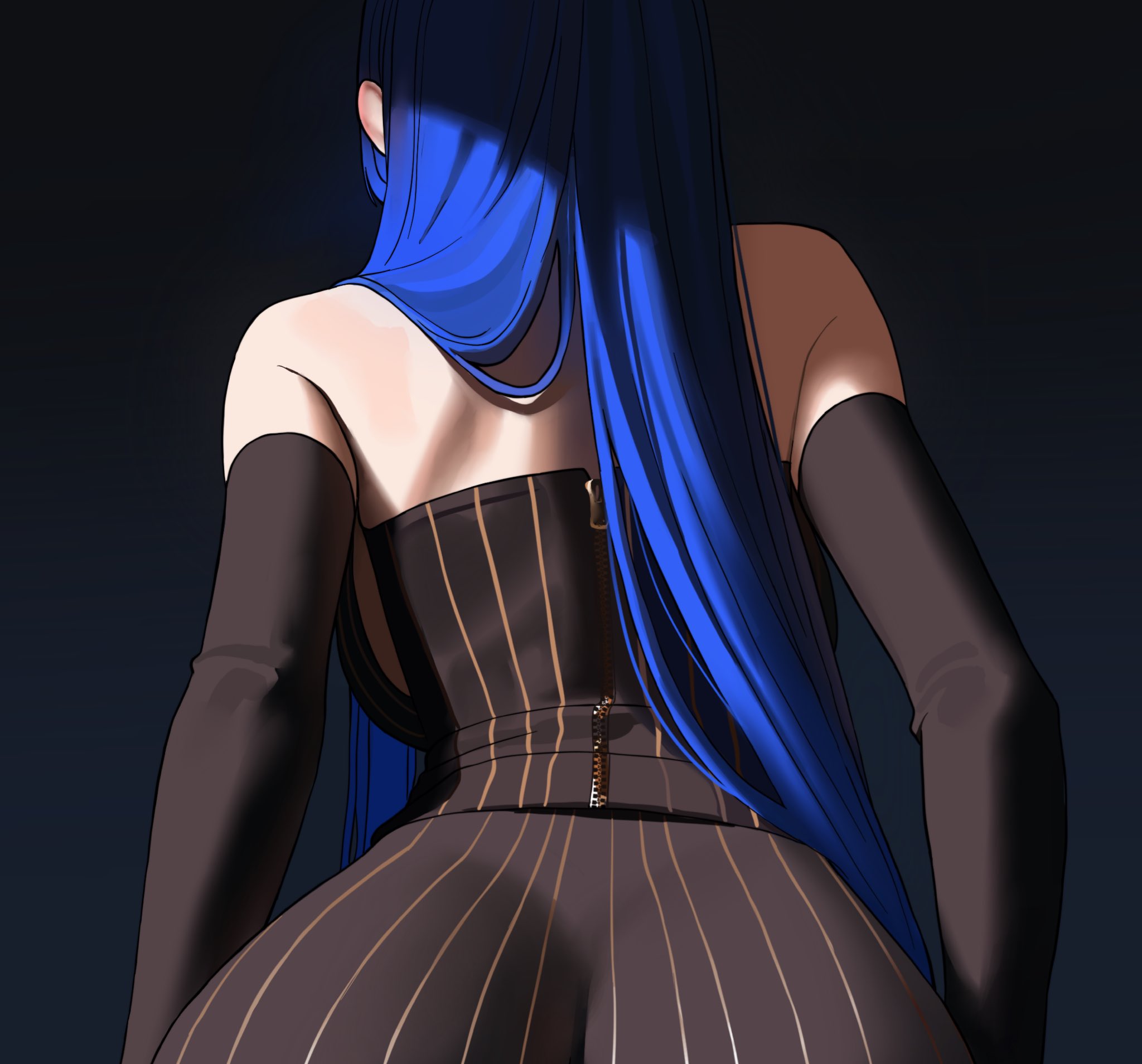 ouro kronii, hololive, hololive english, commentary, english commentary, highres, making-of available, 1girl, alternate costume, ass, back, backboob, bare shoulders, black gloves, blue hair, breasts, dress, elbow gloves, from behind, gloves, large breasts, long hair, mlkhimari, solo, straight hair, striped clothes, striped dress, upper body, vertical-striped clothes, vertical-striped dress, virtual youtuber, zipper, zipper pull tab